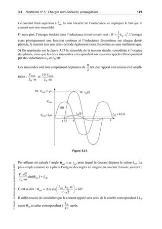 3.3 Problème n° 5 : Charges non-linéaires, propagation… 129
©
Dunod
–
La
photocopie
non
autorisée
est
un
délit.
Ce courant étant supérieur à Isat, la non linéarité de l’inductance va impliquer le fait que le
courant soit non sinusoïdal.
D’autre part, l’énergie stockée dans l’inductance à tout instant vaut : . L’énergie
étant physiquement une fonction continue et l’inductance discontinue sur chaque demi-
période, le courant (sur une demi-période également) sera discontinu au sens mathématique.
5) On représente sur la figure 3.21 la sinusoïde de la tension simple, considérée à l’origine
des phases, ainsi que les deux sinusoïdes correspondant aux courants appelés théoriquement
par des inductances L0 et L0/10.
Ces sinusoïdes sont tout simplement déphasées de par rapport à la tension et d’ampli-
tudes : et
Par ailleurs on calcule l’angle pour lequel le courant dépasse la valeur Isat. Le
plus simple consiste ici à placer l’origine des angles à l’origine du courant. Ensuite, on écrit :
C’est-à-dire :
Il suffit ensuite de considérer que le courant appelé sera celui de la courbe correspondant à L0
avant θsat et celui correspondant à après.
µ
2
1
1
2
W L i
= ◊
π
AR
2
ω
max
0
V
L ◊ ω
max
0
10 V
L
◊
◊
V(t)
π / 2
10 · IL0(t)
Isat = 0,3 A
10 · Vmax / L0ω
Vmax
Vmax / L0ω
π
IL0(t)
θ
Figure 3.21.
θ ω
sat sat
t
= ◊
( )
θ
ω
sat sat
0
2
sin
V
I
L
◊
=
◊
ω
θ 0
sat Arcsin 60
2
sat
I L
V
◊ ◊
Ê ˆ
= = ∞
Á ˜
Ë ¯
◊
0
10
L
 