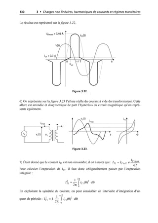 130 3 • Charges non linéaires, harmoniques de courants et régimes transitoires
Le résultat est représenté sur la figure 3.22.
6) On représente sur la figure 3.23 l’allure réelle du courant à vide du transformateur. Cette
allure est arrondie et dissymétrique de part l’hystérésis du circuit magnétique qu’on repré-
sente également.
7) Étant donné que le courant iT1 est non sinusoïdal, il est à noter que : .
Pour calculer l’expression de IT1, il faut donc obligatoirement passer par l’expression
intégrale :
En exploitant la symétrie du courant, on peut considérer un intervalle d’intégration d’un
quart de période :
V(t)
0 π / 2
iT1(t)
Isat = 0,3 A
θsat
iT1maxi = 3,46 A
θ
Figure 3.22.
v1(t)
iT1(t)
n1
~ t
v1(t)
iT1(t)
iT1
Φ
Figure 3.23.
1max
1 1eff
2
T
T T
I
I I
= π
π
θ θ
π
2
2 2
1 1
0
1
( ) d
2
T T
I i
= ◊
Ú
π
θ θ
π
/2
2 2
1 1
0
1
4 ( ) d
2
T T
I i
= ◊ ◊
Ú
 