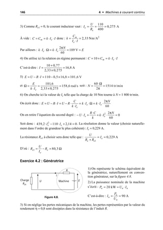 146 4 • Machines à courant continu
3) Comme Re1 = 0, le courant inducteur vaut :
À vide : donc :
Par ailleurs :
4) On utilise ici la relation en régime permanent :
C’est-à-dire :
5)
et soit :
6) On cherche ici la valeur de Ie telle que la charge de 10 Nm tourne à N = 1 800 tr/min.
On écrit donc :
On en retire l’équation du second degré :
Soit donc : . La résolution donne la valeur (choisie naturelle-
ment dans l’ordre de grandeur le plus cohérent) : Ie = 0,229 A.
La résistance Re1 à choisir sera donc telle que :
D’où :
Exercice 4.2 : Génératrice
1) On représente le schéma équivalent de
la génératrice, naturellement en conven-
tion générateur, sur la figure 4.8.
2) La puissance nominale de la machine
s’écrit :
C’est-à-dire :
3) Si on néglige les pertes mécaniques de la machine, les pertes représentées par la valeur du
rendement η = 0,8 sont dissipées dans la résistance de l’induit R.
110
0,275 A
400
e
e
U
I
R
= = =
m e
C C k I I
= = ◊ ◊ 2
2,33 Nm/A
m
e
C
k
I I
= =
◊
π
Ω
2
109 V
60
e e
N
k I k I E
◊ ◊ = ◊ = ª
10 m e
C C k I I
= + = ◊ ◊
10 0,77
16,8 A
2,33 0,275
I
+
= =
¥
110 0,5 16,8 101,6 V
E U R I
= - ◊ = - ¥ =
Ω
101,6
158,6 rad/s
2,33 0,275
e
E
k I
= = =
◊ ¥
Ω
π
60
1514 tr/min
2
N
◊
= =
π
Ω
2
60
e e
e
C N
E U R I U R k I k I
k I
= - ◊ = - ◊ = ◊ ◊ = ◊ ◊
◊
π
2 2
0
60
e e
R C N
U I k I
k
◊
- ◊ + + ◊ ◊ =
2
439,2 110 2,14 0
e e
I I
◊ - ◊ + =
1
0,229 A
e
e e
U
I
R R
= =
+
1 80,3
e e
e
U
R R
I
Ω
= - =
U
I
R
E
Charge
Rch
Machine
Figure 4.8.
20 kW
n n n
P U I
= = ◊
90 A
n
n
n
P
I
U
= =
 