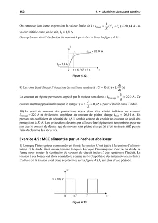 150 4 • Machines à courant continu
On retrouve dans cette expression la valeur finale de I : , sa
valeur initiale étant, on le sait, I0 = 1,8 A
On représente ainsi l’évolution du courant à partir de t = 0 sur la figure 4.12.
9) Le rotor étant bloqué, l’équation de maille se ramène à :
Le courant en régime permanent appelé par le moteur sera donc : . Ce
courant mettra approximativement le temps : pour s’établir dans l’induit.
10) Le seuil de courant des protections devra donc être choisi inférieur au courant
Iblocage = 220 A et évidement supérieur au courant de pleine charge Ifinal = 20,14 A. En
prenant un coefficient de sécurité de 1,5 il semble correct de choisir un courant de seuil des
protections à 30 A. Les protections devront par ailleurs être légèrement temporisées pour ne
pas que le courant de démarrage du moteur sous pleine charge (si c’est un impératif) puisse
faire déclencher les sécurités.
Exercice 4.5 : MCC alimentée par un hacheur abaisseur
1) Lorsque l’interrupteur commandé est fermé, la tension U est égale à la tension d’alimen-
tation V, la diode étant naturellement bloquée. Lorsque l’interrupteur s’ouvre, la diode se
ferme pour assurer la continuité du courant du circuit inductif que représente l’induit. La
tension à ses bornes est alors considérée comme nulle (hypothèse des interrupteurs parfaits).
L’allure de la tension u est donc représentée sur la figure 4.13, sur plus d’une période.
final
1
( ) 20,14 A
p r
I C C
K
= + =
t
i
0 τ = RJ / K2 = 1 s
I0 = 1,8 A
Ifinal = 20,14 A
Figure 4.12.
d
( ) ( )
d
i
U R i t L t
t
= ◊ + ◊
blocage 220 A
U
I
R
= =
3 0,45 s
L
t
R
= ◊ =
t
u
0
V = 100 V
αT T
Figure 4.13.
 