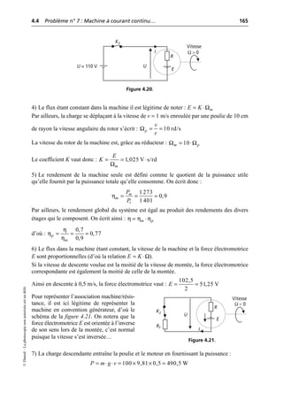 4.4 Problème n° 7 : Machine à courant continu… 165
©
Dunod
–
La
photocopie
non
autorisée
est
un
délit.
4) Le flux étant constant dans la machine il est légitime de noter :
Par ailleurs, la charge se déplaçant à la vitesse de v = 1 m/s enroulée par une poulie de 10 cm
de rayon la vitesse angulaire du rotor s’écrit :
La vitesse du rotor de la machine est, grâce au réducteur :
Le coefficient K vaut donc :
5) Le rendement de la machine seule est défini comme le quotient de la puissance utile
qu’elle fournit par la puissance totale qu’elle consomme. On écrit donc :
Par ailleurs, le rendement global du système est égal au produit des rendements des divers
étages qui le composent. On écrit ainsi :
d’où :
6) Le flux dans la machine étant constant, la vitesse de la machine et la force électromotrice
E sont proportionnelles (d’où la relation ).
Si la vitesse de descente voulue est la moitié de la vitesse de montée, la force électromotrice
correspondante est également la moitié de celle de la montée.
Ainsi en descente à 0,5 m/s, la force électromotrice vaut :
Pour représenter l’association machine/résis-
tance, il est ici légitime de représenter la
machine en convention générateur, d’où le
schéma de la figure 4.21. On notera que la
force électromotrice E est orientée à l’inverse
de son sens lors de la montée, c’est normal
puisque la vitesse s’est inversée…
7) La charge descendante entraîne la poulie et le moteur en fournissant la puissance :
U = 110 V
I
K2
R
E
U
Vitesse
Ω > 0
Figure 4.20.
Ωm
E K
= ◊
Ω 10 rd/s
p
v
r
= =
Ω Ω
10
m p
= ◊
Ω
1,025 V s/rd
m
E
K = = ◊
η
1 273
0,9
1 401
m
m
t
P
P
= = =
η η η
m p
= ◊
η
η
η
0,7
0,77
0,9
p
m
= = =
Ω
E K
= ◊
102,5
51,25 V
2
E = =
U
I
Rf
K2
R
E
Vitesse
Ω < 0
Figure 4.21.
100 9,81 0,5 490,5 W
P m g v
= ◊ ◊ = ¥ ¥ =
 