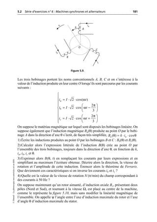 5.2 Série d’exercices n° 6 : Machines synchrones et alternateurs 181
©
Dunod
–
La
photocopie
non
autorisée
est
un
délit.
Les trois bobinages portent les noms conventionnels A, B, C et on s’intéresse à la
valeur de l’induction produite en leur centre O lorsqu’ils sont parcourus par les courants
suivants :
On suppose le matériau magnétique sur lequel sont disposés les bobinages linéaire. On
suppose également que l’induction magnétique Ba(θ) produite au point O par le bobi-
nage A dans la direction d’axe θ s’écrit, de façon très simplifiée,
1) Écrire les inductions produites au point O par les bobinages B et C : Bb(θ) et Bc(θ).
2) Calculer alors l’expression littérale de l’induction B(θ) crée au point O par
l’ensemble des trois bobinages, toujours dans la direction d’axe θ, en fonction de k,
ia, ib, ic et θ.
3) Exprimer alors B(θ, t) en remplaçant les courants par leurs expressions et en
simplifiant au maximum l’écriture obtenue. Décrire alors la direction, la vitesse de
rotation et l’amplitude de cette induction. Énoncer alors le théorème de Ferraris.
Que deviennent ces caractéristiques si on inverse les courants ib et ic ?
4) Quelle est la valeur de la vitesse de rotation N (tr/min) du champ correspondant à
des courants à 50 Hz ?
On suppose maintenant qu’un rotor aimanté, d’induction axiale Br, présentant deux
pôles (Nord et Sud), et tournant à la vitesse Ω, est placé au centre de la machine,
comme le représente la figure 5.10, mais sans modifier la linéarité magnétique de
l’ensemble. On appelle ψ l’angle entre l’axe d’induction maximale du rotor et l’axe
d’angle θ d’induction maximale du stator.
ia
ib
ic
O
θ
+
A
C
B
Figure 5.9.
ω
π
ω
π
ω
Ï
Ô = ◊ ◊
Ô
Ô
Ô Ê ˆ
= ◊ ◊ -
Ì Á ˜
Ë ¯
Ô
Ô Ê ˆ
= ◊ ◊ +
Ô Á ˜
Ë ¯
Ô
Ó
2 cos( )
2
2 cos
3
2
2 cos
3
a
b
c
i I t
i I t
i I t
θ θ
= ◊ ◊
( ) cos
a a
B k i
 
