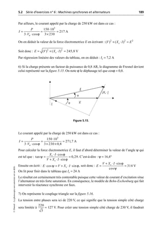 5.2 Série d’exercices n° 6 : Machines synchrones et alternateurs 189
©
Dunod
–
La
photocopie
non
autorisée
est
un
délit.
Par ailleurs, le courant appelé par la charge de 250 kW est dans ce cas :
On en déduit la valeur de la force électromotrice E en écrivant :
Soit donc :
Par régression linéaire des valeurs du tableau, on en déduit : Ie = 7,2 A
6) Si la charge présente un facteur de puissance de 0,8 AR, le diagramme de Fresnel devient
celui représenté sur la figure 5.15. On note ϕ le déphasage tel que cosϕ = 0,8.
Le courant appelé par la charge de 250 kW est dans ce cas :
Pour calculer la force électromotrice E, il faut d’abord déterminer la valeur de l’angle ψ qui
est tel que : . C’est-à-dire : ψ = 16,4°
Ensuite on écrit : , soit donc :
On lit pour finir dans le tableau que Ie = 24 A
Le résultat est certainement très contestable puisque cette valeur de courant d’excitation situe
l’alternateur en très forte saturation. En conséquence, le modèle de Behn-Eschenburg qui fait
intervenir la réactance synchrone est faux.
7) On représente le couplage triangle sur la figure 5.16.
La tension entre phases sera ici de 220 V, ce qui signifie que la tension simple côté charge
sera limitée à = 127 V. Pour créer une tension simple côté charge de 230 V, il faudrait
ϕ
◊
= = =
◊ ◊ ¥
3
150 10
217 A
3 cos 3 230
n
P
I
V
2 2 2
( ) ( )
s
V X I E
+ ◊ =
= + ◊ =
2 2
( ) ( ) 245,8 V
s
E V X I
V
I
jXs · I
E
ϕ
ψ
Figure 5.15.
ϕ
◊
= = =
◊ ◊ ¥ ¥
3
150 10
271,7 A
3 cos 3 230 0,8
n
P
I
V
ϕ
ψ
ϕ
◊ ◊
= =
+ ◊ ◊
cos
tan 0,29
sin
s
s
X I
V X I
ψ ϕ
◊ = + ◊ ◊
cos sin
s
E V X I
ϕ
ψ
+ ◊ ◊
= =
sin
314 V
cos
s
V X I
E
220
3
 
