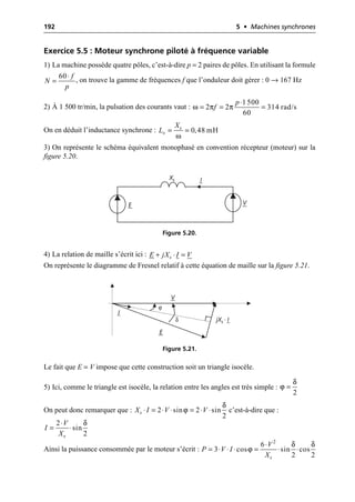 192 5 • Machines synchrones
Exercice 5.5 : Moteur synchrone piloté à fréquence variable
1) La machine possède quatre pôles, c’est-à-dire p = 2 paires de pôles. En utilisant la formule
, on trouve la gamme de fréquences f que l’onduleur doit gérer : 0 → 167 Hz
2) À 1 500 tr/min, la pulsation des courants vaut :
On en déduit l’inductance synchrone :
3) On représente le schéma équivalent monophasé en convention récepteur (moteur) sur la
figure 5.20.
4) La relation de maille s’écrit ici :
On représente le diagramme de Fresnel relatif à cette équation de maille sur la figure 5.21.
Le fait que E = V impose que cette construction soit un triangle isocèle.
5) Ici, comme le triangle est isocèle, la relation entre les angles est très simple :
On peut donc remarquer que : c’est-à-dire que :
Ainsi la puissance consommée par le moteur s’écrit :
◊
=
60 f
N
p
ω π π
◊
= = =
1 500
2 2 314 rad/s
60
p
f
ω
= = 0,48 mH
s
s
X
L
Xs
E
I
V
Figure 5.20.
+ ◊ =
s
E jX I V
V
I
jXs · I
E
ϕ
δ
Figure 5.21.
δ
ϕ =
2
δ
ϕ
◊ = ◊ ◊ = ◊ ◊
2 sin 2 sin
2
s
X I V V
δ
◊
= ◊
2
sin
2
s
V
I
X
δ δ
ϕ
◊
= ◊ ◊ ◊ = ◊ ◊
2
6
3 cos sin cos
2 2
s
V
P V I
X
 