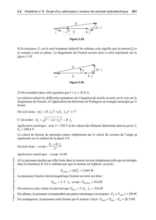 5.3 Problème n° 8 : Étude d’un alternateur / moteur de centrale hydroélectrique 201
©
Dunod
–
La
photocopie
non
autorisée
est
un
délit.
Si la réactance Xs est le seul récepteur inductif du schéma, cela signifie que la tension E et
le courant I sont en phase. Le diagramme de Fresnel revient alors à celui représenté sur la
figure 5.30.
3) On considère dans cette question que I = In = 47,8 A.
La relation reliant les différentes grandeurs de l’équation de maille revient, on le voit sur le
diagramme de Fresnel, à l’application du théorème de Pythagore au triangle rectangle qu’il
forme.
On écrit donc :
C’est-à-dire :
Application numérique : avec V = 230 V et les valeurs des éléments déterminés dans la partie 2,
En = 209,4 V
Le calcul du facteur de puissance passe simplement par le calcul du cosinus de l’angle ϕ
représenté sur le schéma de la figure 8.9.
On écrit donc :
Application numérique :
4) La puissance perdue par effet Joule dans le moteur est tout simplement celle qui est dissipée
dans la résistance R. En n’oubliant pas que le moteur est triphasé, on écrit :
La puissance fournie électromagnétique fournie au rotor est donc :
On retrouve cette valeur en écrivant que
Par ailleurs, la puissance correspondant aux pertes mécaniques est toujours : Pm = Pvide = 1 320 W
En conséquence, la puissance utile fournie par le moteur s’écrit : Putile = Pelec – Pm = 28,7 kW
V
E R · I
I
ϕ
jXs · I
Figure 5.29.
V
E R · I
I
ϕ jXs · I
Figure 5.30.
+ ◊ + ◊ =
2 2 2
( ) ( )
n n s n
E R I X I V
= - ◊ - ◊
2 2
( )
n n n
E V X I R I
ϕ
+ ◊
=
cos n n
E R I
V
cos 0,98
ϕ =
= =
2
Joules 3 2 604 W
n
P RI
ϕ
= ◊ ◊ ◊ - =
elec Joules
3 cos 30 kW
n
P V I P
= ◊ ◊ =
elec 3 30 kW
n n
P E I
 