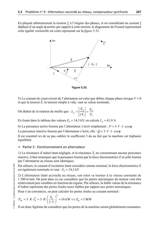 5.3 Problème n° 9 : Alternateur raccordé au réseau, compensateur synchrone 207
©
Dunod
–
La
photocopie
non
autorisée
est
un
délit.
En plaçant arbitrairement la tension V à l’origine des phases, et en considérant un courant I
déphasé d’un angle ϕ arrière par rapport à cette tension, le diagramme de Fresnel représentant
cette égalité vectorielle est celui représenté sur la figure 5.33.
5) Le courant de court-circuit de l’alternateur est celui que débite chaque phase lorsque V = 0
et que la tension E, la tension simple à vide, vaut sa valeur nominale.
On déduit de la relation de maille que :
En lisant dans le tableau des valeurs En = 14,3 kV, on calcule Icc = 41,9 A
6) La puissance active fournie par l’alternateur s’écrit simplement :
La puissance réactive fournie par l’alternateur s’écrit, elle :
Il est essentiel ici de ne pas oublier le coefficient 3 du au fait que la machine est triphasée
équilibrée.
➤ Partie 3 : Fonctionnement en alternateur
1) La résistance d’induit étant négligée, et la réactance Xs ne consommant aucune puissance
réactive, il faut remarquer que la puissance fournie par la force électromotrice E et celle fournie
par l’alternateur au réseau sont identiques.
Par ailleurs, le courant d’excitation étant considéré comme nominal, la force électromotrice E
est également nominale et vaut : En = 14,3 kV
2) L’alternateur étant accroché au réseau, son rotor va tourner à la vitesse constante de
1 500 tr/min. On peut dans ce cas considérer que les pertes mécaniques du moteur vont être
relativement peu variables en fonction du régime. Par ailleurs, la faible valeur de la résistance
d’induit représente des pertes Joules assez faibles par rapport aux pertes mécaniques.
Pour s’en convaincre, on peut calculer les pertes Joules au courant nominal :
Il est donc légitime de considérer que les pertes de la machine seront globalement constantes.
Re
Im
I
j · XS · I
V
E
ϕ
+
Figure 5.33.
= =
n n
cc
s s
E E
I
jX X
ϕ
= ◊ ◊ ◊
3 cos
P V I
ϕ
= ◊ ◊ ◊
3 sin
Q V I
Ê ˆ
= ◊ ◊ = ◊ ◊ = << =
Á ˜
Ë ¯
◊
2
2
3 3 18 kW 1 MW
3
n
Jn n m
S
P R I R P
V
 