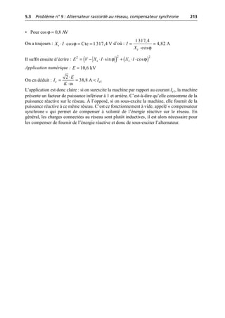 5.3 Problème n° 9 : Alternateur raccordé au réseau, compensateur synchrone 213
©
Dunod
–
La
photocopie
non
autorisée
est
un
délit.
• Pour cos ϕ = 0,8 AV
On a toujours : d’où :
Il suffit ensuite d’écrire :
Application numérique :
On en déduit :
L’application est donc claire : si on surexcite la machine par rapport au courant Ie1, la machine
présente un facteur de puissance inférieur à 1 et arrière. C’est-à-dire qu’elle consomme de la
puissance réactive sur le réseau. À l’opposé, si on sous-excite la machine, elle fournit de la
puissance réactive à ce même réseau. C’est ce fonctionnement à vide, appelé « compensateur
synchrone » qui permet de compenser à volonté de l’énergie réactive sur le réseau. En
général, les charges connectées au réseau sont plutôt inductives, il est alors nécessaire pour
les compenser de fournir de l’énergie réactive et donc de sous-exciter l’alternateur.
ϕ
cos Cte 1317,4 V
s
X I
◊ ◊ = =
ϕ
1317,4
4,82 A
cos
s
I
X
= =
◊
( ) ( )
ϕ ϕ
2 2
2
sin cos
s s
E V X I X I
= - ◊ ◊ + ◊ ◊
10,6 kV
E =
ω
1
2
38,8 A
e e
E
I I
K
◊
= = <
◊
 