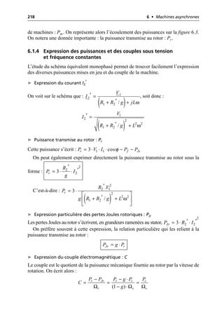218 6 • Machines asynchrones
de machines : Pm. On représente alors l’écoulement des puissances sur la figure 6.3.
On notera une donnée importante : la puissance transmise au rotor : Pr .
6.1.4 Expression des puissances et des couples sous tension
et fréquence constantes
L’étude du schéma équivalent monophasé permet de trouver facilement l’expression
des diverses puissances mises en jeu et du couple de la machine.
➤ Expression du courant I2
′
On voit sur le schéma que : , soit donc :
➤ Puissance transmise au rotor : Pr
Cette puissance s’écrit :
On peut également exprimer directement la puissance transmise au rotor sous la
forme :
C’est-à-dire :
➤ Expression particulière des pertes Joules rotoriques : PJr
Les pertes Joules au rotor s’écrivent, en grandeurs ramenées au stator,
On préfère souvent à cette expression, la relation particulière qui les relient à la
puissance transmise au rotor :
➤ Expression du couple électromagnétique : C
Le couple est le quotient de la puissance mécanique fournie au rotor par la vitesse de
rotation. On écrit alors :
( ) ω
1
2
1 2 /
V
I
R R g jL
¢ =
¢
+ +
( ) ω
1
2
2
2 2
1 2 /
V
I
R R g L
¢ =
¢
+ +
ϕ
1 1
3 cos
r f Js
P V I P P
= ◊ ◊ ◊ - -
2
2
2
3
r
R
P I
g
¢
¢
= ◊ ◊
( ) ω
2
2 1
2
2 2
1 2
.
3
/
r
R V
P
g R R g L
¢
= ◊
È ˘
¢
+ +
Í ˙
Î ˚
2
2 2
3
Jr
P R I
¢ ¢
= ◊ ◊
Jr r
P g P
= ◊
Ω Ω Ω
(1 )
r Jr r r r
r s s
P P P g P P
C
g
- - ◊
= = =
- ◊
 