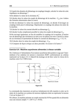 222 6 • Machines asynchrones
3) À partir des données de démarrage en couplage triangle, calculer la valeur de cette
impédance au démarrage ?
4) En déduire la valeur de la résistance R2
′.
5) Calculer alors la valeur du couple de démarrage de la machine : Cd∆ (on s’aidera
des formules déterminées dans le cours).
6) Afin de diminuer la valeur du courant de démarrage, on décide d’envisager un
couplage étoile pour le démarrage. Représenter ce couplage des phases du stator de
la machine.
7) Calculer la valeur du courant absorbé au démarrage Idy.
8) Calculer le plus simplement possible la valeur du couple de démarrage Cdy.
9) On envisage également, au lieu de modifier le couplage de la machine, d’insérer
lors du démarrage des résistances en série avec les phases du rotor. Calcule la valeur
de ces résistances R permettant de limiter le courant de démarrage à IdR = 13,3 A.
10) Calculer alors la valeur du couple de démarrage : CdR.
11) Comparer de façon critique ces deux procédés. En existe-t-il d’autres ?
Exercice 6.4 : Machine asynchrone alimentée à vitesse variable
On s’intéresse à l’alimentation d’un moteur asynchrone tétra-polaire à cage par l’inter-
médiaire d’un onduleur de tension à transistors IGBT conformément au schéma
représenté sur la figure 6.6. L’objectif du montage est de faire varier la vitesse de la
machine entre 0 et 3 000 tr/min.
La commande des transistors est prévue initialement de telle manière à créer sur le
stator de la machine un système de tensions triphasées dont on représente la tension
V1(t) sur la figure 6.7.
Par ailleurs, la machine présente un couple maximal de 50 Nm quand elle est alimentée
sous une tension simple V = 230 V à f = 50 Hz.
E = 300 V
V1(t)
Machine en étoile
Figure 6.6.
 