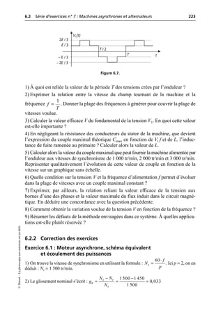 6.2 Série d’exercices n° 7 : Machines asynchrones et alternateurs 223
©
Dunod
–
La
photocopie
non
autorisée
est
un
délit.
1) À quoi est reliée la valeur de la période T des tensions crées par l’onduleur ?
2) Exprimer la relation entre la vitesse du champ tournant de la machine et la
fréquence . Donner la plage des fréquences à générer pour couvrir la plage de
vitesses voulue.
3) Calculer la valeur efficace V du fondamental de la tension V1. En quoi cette valeur
est-elle importante ?
4) En négligeant la résistance des conducteurs du stator de la machine, que devient
l’expression du couple maximal théorique Cmax en fonction de V, f et de L, l’induc-
tance de fuite ramenée au primaire ? Calculer alors la valeur de L.
5) Calculer alors la valeur du couple maximal que peut fournir la machine alimentée par
l’onduleur aux vitesses de synchronisme de 1 000 tr/min, 2 000 tr/min et 3 000 tr/min.
Représenter qualitativement l’évolution de cette valeur de couple en fonction de la
vitesse sur un graphique sans échelle.
6) Quelle condition sur la tension V et la fréquence d’alimentation f permet d’évoluer
dans la plage de vitesses avec un couple maximal constant ?
7) Exprimer, par ailleurs, la relation reliant la valeur efficace de la tension aux
bornes d’une des phases et la valeur maximale du flux induit dans le circuit magné-
tique. En déduire une concordance avec la question précédente.
8) Comment obtenir la variation voulue de la tension V en fonction de la fréquence ?
9) Résumer les défauts de la méthode envisagées dans ce système. À quelles applica-
tions est-elle plutôt réservée ?
6.2.2 Correction des exercices
Exercice 6.1 : Moteur asynchrone, schéma équivalent
et écoulement des puissances
1) On trouve la vitesse de synchronisme en utilisant la formule : . Ici p = 2, on en
déduit : Ns = 1 500 tr/min.
2) Le glissement nominal s’écrit :
V1(t)
2E / 3
E / 3
– E / 3
– 2E / 3
t
T
T / 2
Figure 6.7.
1
f
T
=
60
s
f
N
p
◊
=
1 500 1 450
0,033
1 500
s r
n
s
N N
g
N
- -
= = =
 