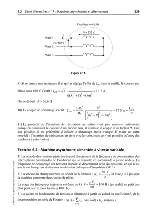 6.2 Série d’exercices n° 7 : Machines asynchrones et alternateurs 229
©
Dunod
–
La
photocopie
non
autorisée
est
un
délit.
9) Si on insère une résistance R et qu’on néglige l’effet de Lm dans la maille, le courant par
phase sous 400 V s’écrit :
On en déduit : R = 36,6 Ω
10) Le couple de démarrage s’écrit :
11) Le procédé de l’insertion de résistances au stator n’est pas vraiment intéressant
puisqu’en diminuant le courant d’un facteur trois, il diminue le couple d’un facteur 9. Tant
que possible, il est préférable d’utiliser le démarrage étoile triangle. Il existe un autre
procédé : l’insertion de résistances en série avec le rotor, mais ce n’est possible qu’avec des
machines à rotor bobiné.
Exercice 6.4 : Machine asynchrone alimentée à vitesse variable
1) La période des tensions générées dépend directement de la fréquence de commutation des
interrupteurs commandés de l’onduleur qui ici travaille en commande « pleine onde ». La
fréquence de découpage des tensions impose ici directement celle des tensions, ce qui n’est
pas le cas lorsqu’on réalise une modulation de largeur d’impulsion (MLI).
2) La vitesse du champ tournant se déduit de la formule : , ici avec p = 2 puisque
la machine comporte deux paires de pôles.
La plage des fréquences à générer est donc de 0 à (en réalité un petit peu
plus pour que le rotor tourne à 100 Hz).
3) La valeur du fondamental de tension se détermine à partir du calcul du coefficient b1 de la
décomposition en série de Fourier :
Phase 1
Phase 2
Phase 3
Couplage en étoile
I
U = 400 V
V = 230 V
Figure 6.11.
ω
2
2
3 13,3 A
( ) ( )
dR
U
I
R R l
= ◊ =
¢ ¢
+ +
( )
∆
Ω
ω
2
2
2
2
2
3
17 Nm
9
( )
d
dR
s
C
R U
C
R R l
¢
◊
= ◊ = ª
È ˘
¢ + +
Í ˙
Î ˚
60
s
f
N
p
◊
=
100 Hz
60
s
pN
f = =
ω ω
1
1
( ) cos( ) sin( )
n n
n
V t a n t b n t
•
=
= ◊ + ◊
Â
 