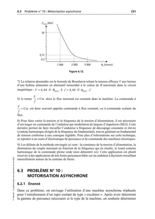 6.3 Problème n° 10 : Motorisation asynchrone 231
©
Dunod
–
La
photocopie
non
autorisée
est
un
délit.
7) La relation demandée est la formule de Boucherot reliant la tension efficace V aux bornes
d’une bobine alimentée en alternatif sinusoïdal à la valeur de B maximale dans le circuit
magnétique :
Si le terme alors le flux maximal est constant dans la machine. La commande à
est donc souvent appelée commande à flux constant, ou à commande scalaire du
flux.
8) Pour faire varier la tension et la fréquence de la tension d’alimentation, il est nécessaire
d’envisager un commande de l’onduleur par modulation de largeur d’impulsion (MLI). Cette
dernière permet de faire travailler l’onduleur à fréquence de découpage constante et élevée
(contenu harmonique éloigné de la fréquence du fondamental), tout en générant un fondamental
de tension conforme à une consigne réglable. Pour plus d’informations sur cette technique,
se reporter à un cours d’électronique de puissance et de commande des machines électriques.
9) Les défauts de la méthode envisagée ici sont : la constance de la tension d’alimentation, la
diminution du couple maximal en fonction de la fréquence qui en résulte, le lourd contenu
harmonique de la commande pleine onde (non démontré ici). Cette application est plutôt
réservée à des applications de très fortes puissances bâtie sur un onduleur à thyristors travaillant
naturellement autour de la centaine de Hertz.
6.3 PROBLÈME N° 10 :
MOTORISATION ASYNCHRONE
6.2.1 Énoncé
Dans ce problème, on envisage l’utilisation d’une machine asynchrone triphasée
pour l’entraînement d’un tapis roulant de type « escalator ». Après avoir déterminé
la gamme de puissance nécessaire et le type de la machine, on souhaite déterminer
Ns (tr/min)
1 000 2 000 3 000
Cmax (Nm)
39
9,75
4,3
Figure 6.12.
φ
max max
4,44 4,44
V N B S f N f
= ◊ ◊ ◊ ◊ = ◊ ◊ ◊
Cte
V
f
=
Cte
V
f
=
 