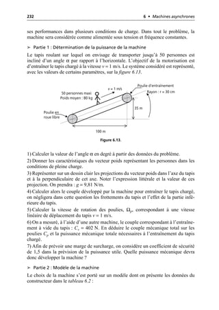 232 6 • Machines asynchrones
ses performances dans plusieurs conditions de charge. Dans tout le problème, la
machine sera considérée comme alimentée sous tension et fréquence constantes.
➤ Partie 1 : Détermination de la puissance de la machine
Le tapis roulant sur lequel on envisage de transporter jusqu’à 50 personnes est
incliné d’un angle α par rapport à l’horizontale. L’objectif de la motorisation est
d’entraîner le tapis chargé à la vitesse v = 1 m/s. Le système considéré est représenté,
avec les valeurs de certains paramètres, sur la figure 6.13.
1) Calculer la valeur de l’angle α en degré à partir des données du problème.
2) Donner les caractéristiques du vecteur poids représentant les personnes dans les
conditions de pleine charge.
3) Représenter sur un dessin clair les projections du vecteur poids dans l’axe du tapis
et à la perpendiculaire de cet axe. Noter l’expression littérale et la valeur de ces
projection. On prendra : g = 9,81 N/m.
4) Calculer alors le couple développé par la machine pour entraîner le tapis chargé,
on négligera dans cette question les frottements du tapis et l’effet de la partie infé-
rieure du tapis.
5) Calculer la vitesse de rotation des poulies, Ωp, correspondant à une vitesse
linéaire de déplacement du tapis v = 1 m/s.
6) On a mesuré, à l’aide d’une autre machine, le couple correspondant à l’entraîne-
ment à vide du tapis : Cv = 402 N. En déduire le couple mécanique total sur les
poulies Cp et la puissance mécanique totale nécessaires à l’entraînement du tapis
chargé.
7) Afin de prévoir une marge de surcharge, on considère un coefficient de sécurité
de 1,5 dans la prévision de la puissance utile. Quelle puissance mécanique devra
donc développer la machine ?
➤ Partie 2 : Modèle de la machine
Le choix de la machine s’est porté sur un modèle dont on présente les données du
constructeur dans le tableau 6.2 :
35 m
100 m
v = 1 m/s
50 personnes maxi
Poids moyen : 80 kg
Poulie en
roue libre
Poulie d'entraînement
Rayon : r = 30 cm
Figure 6.13.
 