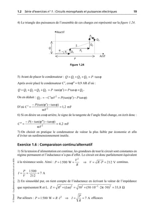 1.2 Série d’exercices n° 1 : Circuits monophasés et puissances électriques 19
©
Dunod
–
La
photocopie
non
autorisée
est
un
délit.
4) Le triangle des puissances de l’ensemble de ces charges est représenté sur la figure 1.24.
5) Avant de placer le condensateur :
Après avoir placé le condensateur C′, cosϕ″ = 0,9 AR d’où :
On en déduit :
D’où
6) Si on désire un cosϕ arrière, le signe de la tangente de l’angle final change, on écrit donc :
7) On choisit en pratique le condensateur de valeur la plus faible par économie et afin
d’éviter un surdimensionnement inutile.
Exercice 1.6 : Comparaison continu/alternatif
1) Si la tension d’alimentation est continue, les grandeurs de tout le circuit sont constantes en
régime permanent et l’inductance n’a pas d’effet. Le circuit est donc parfaitement équivalent
à la résistance seule. Ainsi : continus.
2) En sinusoïdal pur, on tient compte de l’inductance en écrivant la valeur de l’impédance
que représentent R et L.
Par ailleurs : efficaces
Réactif
Actif
P1
P2
P3
P
Q2
Q3
Q1
Q
S
ϕ
Figure 1.24
ϕ
1 2 3 tan
Q Q Q Q P
= + + = ◊
ϕ ϕ
1 2 3 tan( ) tan
C C
Q Q Q Q Q P P Q ¢
= + + + = ◊ = +
¢
ω ϕ ϕ
¢ = - = -
¢ ¢
2
(tan( ) tan )
C
Q C V P P
ϕ ϕ
ω
- -
¢
= =
¢ 2
(tan( ) tan )
1,2 mF
P
C
V
ϕ ϕ
ω
- - -
¢¢
= =
¢¢ 2
( tan( ) tan )
4,2 mF
P
C
V
= = ﬁ = ◊ =
2
1 500 W 212 V
V
P V R P
R
1 500
7 A
212
P
I
V
= = =
ω π Ω
-
= + = + ◊ ◊ ◊ =
2 2 2 3 2
( ) 30 (50 10 2 50) 33,8
Z R L
= = ◊ ﬁ = =
2
1 500 W 7 A
P
P R I I
R
 