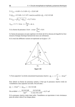 32 1 • Circuits monophasés et triphasés, puissances électriques
2)
3)
4)
d’où :
5) Le facteur de puissance s’écrit :
Ce facteur de puissance est juste supérieur à la limite de 0,8 en dessous de laquelle les four-
nisseurs d’énergie électrique facturent des taxes aux utilisateurs.
6) Le tracé des différents vecteurs est représenté sur la figure 1.35.
7) Trois capacités C en étoile consomment la puissance réactive :
Pour obtenir un facteur de puissance unitaire, il faut que la puissance réactive totale de
l’installation et des capacités soit nulle. On écrit donc :
On en déduit :
8) La puissance réactive totale étant nulle, l’installation est équivalente à trois résistances
pures de même valeur R sur chaque phase.
total 6 kW 3 5 kW 25,83 kW
Z
P P
= + ¥ + =
3
total 0 VAR 3 5 10 tan(Arcos(0,8)) 18,5 kVAR
Z
Q Q
= + ¥ ◊ ¥ + =
= + =
2 2
total total total 31,77 kVA
S P Q
total 3
S V I
= ◊ ◊ total
46 A
3
S
I
V
= =
ϕ total
total
cos 0,81
P
S
= =
I1
I2
I3
V3 V2
V1
U31 U12
U23
ϕ
Figure 1.35
ω
ω
= - ◊ = -
2
2
3 3
1
C
V
Q C V
C
ω
= - = - = -
2
total
3 18,5 kVAR
C
Q C V Q
ω π
= = =
¥ ¥ ¥
2 2
18,5 kVAR 18,5 kVAR
0,37 mF
3 3 2 50 230
C
V
 