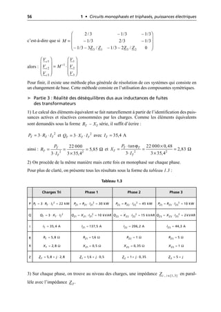 56 1 • Circuits monophasés et triphasés, puissances électriques
c’est-à-dire que si
alors :
Pour finir, il existe une méthode plus générale de résolution de ces systèmes qui consiste en
un changement de base. Cette méthode consiste en l’utilisation des composantes symétriques.
➤ Partie 3 : Réalité des déséquilibres dus aux inductances de fuites
des transformateurs
1) Le calcul des éléments équivalent se fait naturellement à partir de l’identification des puis-
sances actives et réactives consommées par les charges. Comme les éléments équivalents
sont demandés sous la forme série, il suffit d’écrire :
et avec
ainsi : et
2) On procède de la même manière mais cette fois en monophasé sur chaque phase.
Pour plus de clarté, on présente tous les résultats sous la forme du tableau 1.3 :
3) Sur chaque phase, on trouve au niveau des charges, une impédance en paral-
lèle avec l’impédance .
Tableau 1.3
Charges Tri Phase 1 Phase 2 Phase 3
P
Q
I
R
X
Z
3 1 3 2
2 /3 – 1/3 – 1/3
– 1/3 2/3 – 1/3
– 1/3 – 3Z / – 1/3 – 2Z / 0
M
Z Z
Ê ˆ
Á ˜
=
Á ˜
Á ˜
Ë ¯
1 1
1
2 2
3 3
c
c
c
V V
V M V
V V
-
Ê ˆ Ê ˆ
Á ˜ Á ˜
= ◊
Á ˜ Á ˜
Á ˜ Á ˜
Ë ¯ Ë ¯
–
T T
R X
2
3
T T T
P R I
= ◊ ◊ 2
3
T T T
Q X I
= ◊ ◊ 35,4 A
T
I =
Ω
2 2
22 000
5,85
3 3 35,4
T
T
T
P
R
I
= = =
◊ ¥
ϕ
Ω
2 2
tan 22 000 0,48
2,83
3 3 35,4
T T
T
T
P
X
I
◊ ¥
= = =
◊ ¥
2
3 22 kW
T T T
P R I
= ◊ ◊ = 2
1 1 1 30 kW
Z Z Z
P R I
= ◊ = 2
2 2 2 45 kW
Z Z Z
P R I
= ◊ = 2
3 3 3 10 kW
Z Z Z
P R I
= ◊ =
2
3
T T T
Q X I
= ◊ ◊ 2
1 1 1 10 kVAR
Z Z Z
Q X I
= ◊ = 2
2 2 2 15 kVAR
Z Z Z
Q X I
= ◊ = 2
3 3 3 2 kVAR
Z Z Z
Q X I
= ◊ =
35, 4 A
T
I = 1 137,5 A
Z
I = 2 206,2 A
Z
I = 3 44,3 A
Z
I =
5,8
T
R = W
2,8
T
X = W
1 1,6
Z
R = W
1 0,5
Z
X = W
2 1
Z
R = W
2 0,35
Z
X = W
3 5
Z
R = W
3 1
Z
X = W
5, 8 2, 8
T
Z j
= + ◊ 1 1,6 0,5
Z j
= + ◊ 2 1 0,35
Z j
= + ◊ 3 5
Z j
= +
, [1, 3]
i i
Z Œ
T
Z
 