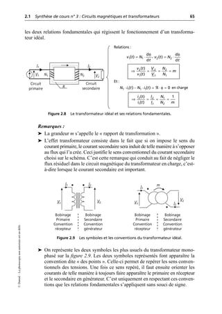 2.1 Synthèse de cours n° 3 : Circuits magnétiques et transformateurs 65
©
Dunod
–
La
photocopie
non
autorisée
est
un
délit.
les deux relations fondamentales qui régissent le fonctionnement d’un transforma-
teur idéal.
Remarques :
➤ La grandeur m s’appelle le « rapport de transformation ».
➤ L’effet transformateur consiste dans le fait que si on impose le sens du
courant primaire, le courant secondaire sera induit de telle manière à s’opposer
au flux qui l’a crée. Ceci justifie le sens conventionnel du courant secondaire
choisi sur le schéma. C’est cette remarque qui conduit au fait de négliger le
flux résiduel dans le circuit magnétique du transformateur en charge, c’est-
à-dire lorsque le courant secondaire est important.
➤ On représente les deux symboles les plus usuels du transformateur mono-
phasé sur la figure 2.9. Les deux symboles représentés font apparaître la
convention dite « des points ». Celle-ci permet de repérer les sens conven-
tionnels des tensions. Une fois ce sens repéré, il faut ensuite orienter les
courants de telle manière à toujours faire apparaître le primaire en récepteur
et le secondaire en générateur. C’est uniquement en respectant ces conven-
tions que les relations fondamentales s’appliquent sans souci de signe.
I1
N1
V1
I2
V2
N2
Circuit
primaire
Circuit
secondaire
R
Figure 2.8 Le transformateur idéal et ses relations fondamentales.
Relations :
,
Et :
en charge
φ
= ◊
1 1
d
( )
d
v t N
t
φ
= ◊
2 2
d
( )
d
v t N
t
ﬁ = = =
2 2 2
1 1
1
( )
( )
V
v t N
m
v t V N
φ
◊ - ◊ = ¬ ◊ ª
1 1 1 1
( ) ( ) 0
N i t N i t
ﬁ = = =
2 1
2
1 2
1
( ) 1
( )
I
i t N
i t I N m
V1
V2
I1
V1
V2
I1 I2
I2
m
Bobinage
Primaire
Convention
récepteur
Bobinage
Secondaire
Convention
générateur
Bobinage
Primaire
Convention
récepteur
Bobinage
Secondaire
Convention
générateur
Figure 2.9 Les symboles et les conventions du transformateur idéal.
 