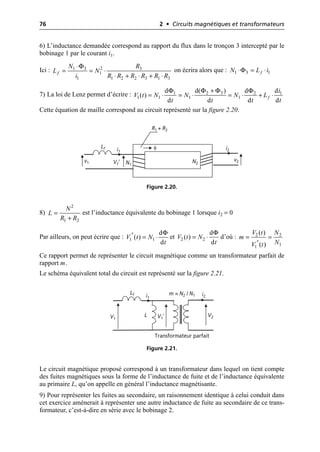 76 2 • Circuits magnétiques et transformateurs
6) L’inductance demandée correspond au rapport du flux dans le tronçon 3 intercepté par le
bobinage 1 par le courant i1.
Ici : on écrira alors que :
7) La loi de Lenz permet d’écrire :
Cette équation de maille correspond au circuit représenté sur la figure 2.20.
8) est l’inductance équivalente du bobinage 1 lorsque i2 = 0
Par ailleurs, on peut écrire que : et d’où :
Ce rapport permet de représenter le circuit magnétique comme un transformateur parfait de
rapport m.
Le schéma équivalent total du circuit est représenté sur la figure 2.21.
Le circuit magnétique proposé correspond à un transformateur dans lequel on tient compte
des fuites magnétiques sous la forme de l’inductance de fuite et de l’inductance équivalente
au primaire L, qu’on appelle en général l’inductance magnétisante.
9) Pour représenter les fuites au secondaire, un raisonnement identique à celui conduit dans
cet exercice amènerait à représenter une autre inductance de fuite au secondaire de ce trans-
formateur, c’est-à-dire en série avec le bobinage 2.
Φ 2
1 3 3
1
1 1 2 2 3 1 3
f
N R
L N
i R R R R R R
◊
= = ◊
◊ + ◊ + ◊
Φ
1 3 1
f
N L i
◊ = ◊
Φ Φ
Φ Φ
2 3
1 2 1
1 1 1 1
d( )
d d d
( )
d d d d
f
i
V t N N N L
t t t t
+
= ◊ = ◊ = ◊ + ◊
N1
N2
R1 + R2
i1
v1
v2
i2
Lf
V1′
φ
Figure 2.20.
2
1 2
N
L
R R
=
+
Φ
1 1
d
( )
d
V t N
t
¢ = ◊
Φ
2 2
d
( )
d
V t N
t
= ◊ 2 2
1
1
( )
( )
V t N
m
N
V t
= =
¢
m = N2 / N1
i1
V1
V2
i2
Lf
V1′
L
Transformateur parfait
Figure 2.21.
 