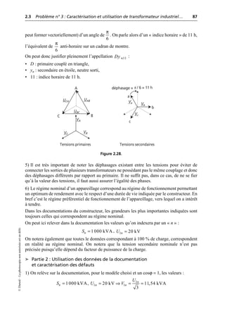 2.3 Problème n° 3 : Caractérisation et utilisation de transformateur industriel… 87
©
Dunod
–
La
photocopie
non
autorisée
est
un
délit.
peut former vectoriellement) d’un angle de . On parle alors d’un « indice horaire » de 11 h,
l’équivalent de anti-horaire sur un cadran de montre.
On peut donc justifier pleinement l’appellation :
• D : primaire couplé en triangle,
• yn : secondaire en étoile, neutre sorti,
• 11 : indice horaire de 11 h.
5) Il est très important de noter les déphasages existant entre les tensions pour éviter de
connecter les sorties de plusieurs transformateurs ne possédant pas le même couplage et donc
des déphasages différents par rapport au primaire. Il ne suffit pas, dans ce cas, de ne se fier
qu’à la valeur des tensions, il faut aussi assurer l’égalité des phases.
6) Le régime nominal d’un appareillage correspond au régime de fonctionnement permettant
un optimum de rendement avec le respect d’une durée de vie indiquée par le constructeur. En
bref c’est le régime préférentiel de fonctionnement de l’appareillage, vers lequel on a intérêt
à tendre.
Dans les documentations du constructeur, les grandeurs les plus importantes indiquées sont
toujours celles qui correspondent au régime nominal.
On peut ici relever dans la documentation les valeurs qu’on indexera par un « n » :
,
On notera également que toutes le données correspondant à 100 % de charge, correspondent
en réalité au régime nominal. On notera que la tension secondaire nominale n’est pas
précisée puisqu’elle dépend du facteur de puissance de la charge.
➤ Partie 2 : Utilisation des données de la documentation
et caractérisation des défauts
1) On relève sur la documentation, pour le modèle choisi et un cosϕ = 1, les valeurs :
,
6
π
6
π
n11
Dy
A
C B
a
b
c
VA
VB
VC
UAB
UCA
UBC
Va Vb
Vc
déphasage = π / 6 = 11 h
Tensions primaires Tensions secondaires
Figure 2.28.
1 000 kVA
n
S = 1 20 kV
n
U =
1 000 kVA
n
S = 1
1 1
20 kV 11,54 kVA
3
n
n n
U
U V
= ﬁ = =
 