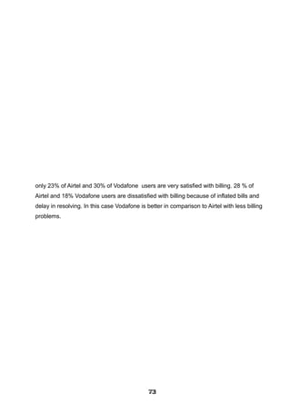 only 23% of Airtel and 30% of Vodafone users are very satisfied with billing. 28 % of
Airtel and 18% Vodafone users are dissatisfied with billing because of inflated bills and
delay in resolving. In this case Vodafone is better in comparison to Airtel with less billing
problems.
737373737373737373737373
 