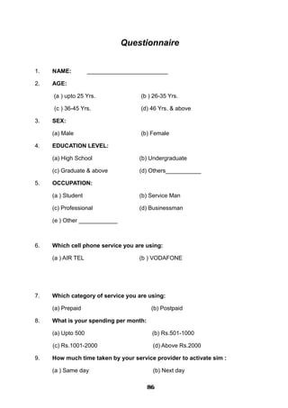 Questionnaire
1. NAME: _________________________
2. AGE:
(a ) upto 25 Yrs. (b ) 26-35 Yrs.
(c ) 36-45 Yrs. (d) 46 Yrs. & above
3. SEX:
(a) Male (b) Female
4. EDUCATION LEVEL:
(a) High School (b) Undergraduate
(c) Graduate & above (d) Others___________
5. OCCUPATION:
(a ) Student (b) Service Man
(c) Professional (d) Businessman
(e ) Other ____________
6. Which cell phone service you are using:
(a ) AIR TEL (b ) VODAFONE
7. Which category of service you are using:
(a) Prepaid (b) Postpaid
8. What is your spending per month:
(a) Upto 500 (b) Rs.501-1000
(c) Rs.1001-2000 (d) Above Rs.2000
9. How much time taken by your service provider to activate sim :
(a ) Same day (b) Next day
868686868686868686868686
 