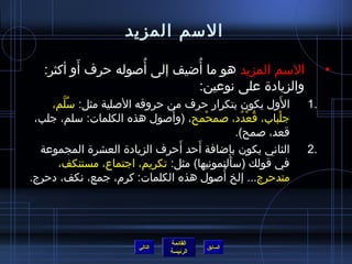 ‫السم المزيد‬
          ‫َ‬         ‫ ُ‬        ‫ ُ‬
   ‫السم المزيد هو ما أاضيف إلى أصوله حرف أو أكثر:‬                ‫•‬
                                 ‫والزيادة على نوعين:‬
    ‫الول يكون بتكرار حرف من حروفه الصلية مثل: سلم،‬
       ‫ ُ نَّ‬                                         ‫َ‬     ‫.1‬
                            ‫ ُ‬
 ‫جلباب، قعدد، صمحمح، (وأصول هذه الكلمات: سلم، جلب،‬
                                    ‫ْ‬         ‫ ُ ْ  ُ‬   ‫ْ‬
                                             ‫قعد، صمح).‬
                               ‫َ‬  ‫َ‬
  ‫الثاني يكون بإاضافة أحد أحرف الزيادة العشرة المجموعة‬      ‫.2‬
     ‫في قولك (سألتمونيها) مثل: تكريم، اجتماع، مستنكف،‬
                                           ‫َ‬
                                        ‫ ُ‬
‫متدحرج... إلخ أصول هذه الكلمات: كرم، جمع، نكف، دحرج.‬




                                ‫القائمة‬
                       ‫التالي‬             ‫السابق‬
                                ‫الرئيسة‬
 