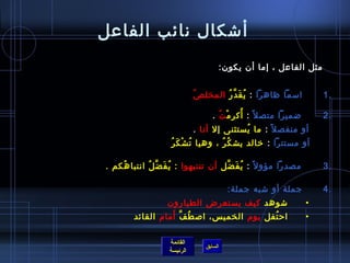 ‫أتشكال نائب الفاعل‬
                                         ‫مثل الفاعل ، إما أن يكون:‬


                            ‫ ُ‬ ‫امسما ظاهرا : ي ق د ر المخل ص‬
                                       ‫ ُ َ َّ  ُ‬                     ‫.1‬

                                     ‫ ُ مِ غتْ  ُ‬
                                   ‫ضميرا متص ل م ً : أك ر م ت .‬       ‫.2‬
                            ‫أو منفص ل م ً : ما يستثنى إل أنا . ‬
                                           ‫ ُ‬
                   ‫ ُ غتْ َ  ُ‬
                     ‫أو مستترا : رخالد يش ك ر ، وهيا ت ش ك ر‬
                                    ‫ ُ  ُ‬

‫مصدرا مؤو ل م ً : ي ف ضل أن تنتبهوا : ي ف ض ل انتبا هكم .‬
    ‫ ُ‬      ‫ ُ َ َّ  ُ‬            ‫ ُ َ َّ‬                             ‫.3‬

                                           ‫جملة أو تشبه جملة:‬         ‫.4‬
                 ‫تشوهد كيف يستعرض الطيارون‬                        ‫•‬
                  ‫ ُ َّ َ‬
        ‫اح تفل يوم الخمي س، الص ط ف أمام القائد‬
                                           ‫ ُ‬                     ‫•‬

                  ‫القائمة‬
                                ‫السابق‬
                  ‫الرئيسة‬
 