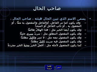 ‫لصاحب الحال‬

  ‫يسمى المسم الذي تبين الحال هيئته ، لصاحب الحال ،‬                             ‫•‬
        ‫وقد يكون كما مر الفاعل، أوالفاعل والمفعول به معا , أو‬              ‫–‬
                                  ‫المفعول به , أو نائب الفاعل أو المبتدأ‬
                       ‫وقد يكون أيضا الخبر مثل : هذا الهل ل طالعا‬
                                   ‫ ُ‬                                      ‫–‬
                ‫وقد يكون المفعول المطلق مثل : مسر ت مسيري حثيثا‬
                               ‫ ُ‬                                          ‫–‬
                 ‫وقد يكون المفعول معه مثل : ل تس ر و اللي ل مظلما‬
                        ‫َ‬             ‫مِ‬                                   ‫–‬
                            ‫وقد يكون المفعول فيه مسريت اللي ل مظلما‬
                                            ‫َ‬                              ‫–‬
‫كما يكون المفعول لجله مثل : أفع ل الخي ر محب ة الخي ر مجرد  ةم ً‬
             ‫مِ‬     ‫َ‬     ‫َ‬              ‫ ُ‬                                ‫–‬




                                      ‫القائمة‬
                                                ‫السابق‬
                                      ‫الرئيسة‬
 