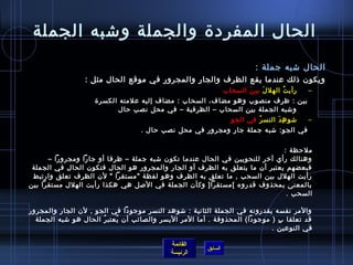 ‫الحال المفرد ة والجملة وتشبه الجملة‬
                                                                         ‫الحال تشبه جملة :‬
                 ‫ويكون اذلك عندما يقع الظرف والجار والمجرور في موقع الحال مثل :‬
                                                               ‫رأي ت الهل ل بي نَ السحاب‬
                                                                            ‫َ‬      ‫ ُ‬      ‫–‬
                   ‫بين : ظرف منصوب وهو مضاف، السحاب : مضاف إليه علمته الكسر ة ‬
                            ‫وتشبه الجملة بين السحاب – الظرفية – في محل نصب حال‬
                                                         ‫تشو ه د النس ر في الجو‬
                                                                 ‫ ُ‬     ‫مِ َ‬     ‫–‬
                                  ‫في الجو: تشبه جملة جار ومجرور في محل نصب حال .‬

                                                                              ‫ملحظة :‬
      ‫وهنالك رأي آرخر للنحويين في الحال عندما تكون تشبه ج ملة – ظرفا أو جارا ومجرورا –‬
 ‫فبعضهم يعتبر أن ما يتعلق به الظرف أو الجار والمجرور هو الحال فتكون الحال في الجملة‬
 ‫رأيت الهلل بين السحب , ما تعلق به الظرف وهو لفظة مستقرا  لن الظرف تعلق وارتبط‬
‫بالمعنى بمحذوف قدروه [مستقرا ] وكأن الجملة في اللصل هي هكذا رأيت الهلل مستقرا بين‬
                                                                               ‫السحب .‬

‫والمر نفسه يقدرونه في الجملة الثانية : تشوهد النسر موجودا في الجو , لن الجار والمجرور‬
  ‫قد تعلقا ب ) موجودا( المحذوفة . أما المر اليسر والصائب أن يعتب ر الحال هو تشبه الجملة‬
                       ‫ ُ‬   ‫ ُ‬                                               ‫مِ‬
                                                                           ‫في النوعين .‬

                                           ‫القائمة‬
                                                      ‫السابق‬
                                           ‫الرئيسة‬
 