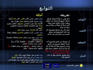 ‫التوابع‬
                                                   ‫أمثلة‬                                      ‫تعريفه‬
      ‫َ َ‬              ‫َ‬      ‫َ‬
   ‫توكيد لفظي : مزارني ا لمير ا لمير . ذهب غاد ر أخوك‬
            ‫َ‬
                                                                      ‫تابع يؤتى به تثبيتا لمتبوعه ولرفع‬
                                                                                          ‫َ‬
                                                                   ‫احتمال السهو أو المجامز في الكلم،‬
                                                                                                                    ‫التوكيد‬
       ‫توكيد معنوي : قابلت الحاك م نف س ه، وقر أت خط‬
                       ‫َ‬    ‫َ‬
                                  ‫َ‬
 ‫ا لستاذ ع ين ه، ومزرت أصحابي جمي ع هم، خاطبت مزواري‬
                     ‫َ‬                           ‫ ِ‬       ‫ ُ‬            ‫ٌ‬ ‫ويكون بتكرار اللفظ نفسه سوا ء‬
                                                                                              ‫َ‬
                                                                    ‫أكان اسما أم فع ل ،ً أم حرفا أم اشبه‬‫َ‬
     ‫عام ة ، قبل الخصمان كل هما، وسمعت الخطبتين‬        ‫،ً‬
                                                    ‫كلتي هما.‬                               ‫جملة أم جملة‬
               ‫ ٍ‬ ‫حضر خال د الشاع ر ، مررت بنجا ر ماه ر‬
                         ‫ ٍ‬           ‫ ُ‬      ‫ٌ‬                      ‫َ‬
                                                                     ‫تابع يذكر بعد معرف ة لتواضيحها، أو‬
                                                                                     ‫ ٍ‬
                                      ‫َ‬                                 ‫بعد نكرة لتخصيصها وبه يحصل‬
                                                                                                                        ‫النعت‬
 ‫ ُ‬ ‫نعت حقيقي : ر أيت الرفيقين الناجحين وهؤل ء رفقا ء‬
           ‫ ِ‬
                                              ‫ناجحون ،‬                 ‫التمييز بين المشتركين في السم‬

‫َ‬ ‫نعت سببي : مثل مررت بنجا ر حسن ة معامل ته، وبشعرا ء‬
                ‫ ُ‬        ‫ ٍ‬      ‫ ٍ‬
                                               ‫رنان ة قصائ دهم،‬
                                                   ‫ ُ‬      ‫ ٍ‬
        ‫قر أ َ الطل ب ف الطالبا ت يثم ا لطفا ل، أو د أن تقر أ َ‬
                   ‫ ُ َ كُّ َ‬        ‫َ‬   ‫ ُ‬           ‫ ُ‬                ‫َ‬
                                                                    ‫أن يتوسط بين التابع والمتبوع أحد‬   ‫َ‬
                              ‫و تكت ب، مررت بالحدا د ف النجا ر.‬
                               ‫ ِ‬           ‫ ِ‬           ‫َ‬             ‫أحرف العطف فيسري إلى التابع‬       ‫َ‬
                                                                                                                   ‫العطف‬
                                                                                    ‫ ِ‬
  ‫ْ‬ ‫ما سافر جيرانك بل خاد مهم. لم يسافر الطل ب لك ن‬
         ‫ ُ‬                      ‫ ُ‬                                       ‫َ‬            ‫َ‬
                                                                   ‫إعراب المتبوع رفعا أو نصبا أو جرا‬       ‫ ِ‬
                          ‫ٌ‬ ‫وكي لهم، نجح محمو د ل سلي م‬
                                     ‫ٌ‬            ‫ ُ‬             ‫أو جزما و أحرف العطف تسعة وهي‬               ‫َ‬
                                                                    ‫َ‬
                                                                  ‫(الواو) و(الفا ء) و(يثم) و(حتى) و( أو)‬
                                                                                         ‫ ُ‬
                                                                                                     ‫َ‬
                                                                              ‫و( أم). (بل) و(ل) و(لكن).‬
               ‫بدل مطابق مثل: اضي فك اليوم جا رك خالد‬
                       ‫ ُ‬
                                ‫ْ‬
                                    ‫ ُ‬
          ‫بدل بعض من كل مثل: قر أت الصحيف ة أكث رها‬
             ‫َ‬    ‫َ‬
                                                                      ‫تابع مقصود بالحكم يم هد له بذكر‬
                                                                                ‫نَّ‬
                                                                                            ‫المتبوع قبله‬
                                                                                                                        ‫البدل‬
                                         ‫َ‬
   ‫بدل ااشتمال وهو أن يكون المبدل منه مشتم ل ،ً على‬
                                       ‫َ‬    ‫َ‬
                          ‫البدل مثل: أعجبني أخوك فه مه .‬
                             ‫ ُ‬
                                                                  ‫القائمة‬                               ‫ملخص للساسيات‬
                                                                                   ‫السابق‬
                                                                  ‫الرئيسة‬
 