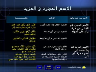 ‫السم المجرد و المزيد‬
        ‫أمثلــــــــــــــة‬                                   ‫التركيب‬                ‫السم من حيث تركيبه‬


   ‫ظ بي، ح مل، ر جل، ك تف، قفل،‬
              ‫ ِ‬  ‫َ  ُ‬ ‫َ َ‬     ‫َْ‬               ‫المجرد الثل يثي وله عشرة أومزان‬      ‫السم المجرد هو‬
    ‫مز حل، عنق، ح صن، عنب، إبل‬
      ‫ ِ‬   ‫ ِ‬    ‫ ِ ْ‬      ‫ ُ‬ ‫ ُ َ‬
                                                                                     ‫الخالي من حرف‬
      ‫ج ع فر، ب رقع، قر مز، ط ح لب،‬
        ‫ ُ ْ َ‬  ‫ ِ  ِ‬       ‫ ُ ْ‬ ‫َ ْ َ‬                           ‫َ‬
                                                       ‫المجرد الرباعي أومزانه ستة‬         ‫ ُ‬
                                                                                      ‫مزائد على أصوله‬
                      ‫د ر هم، ق م طر.‬
                        ‫ ِ َ ْ‬    ‫ ِ ْ َ‬

     ‫س ف ر جل، ق ذ ع مل، ج ح مر ش،‬
      ‫ ِ‬ ‫َ ْ َ‬   ‫ ُ َ ْ  ِ‬   ‫َ ْ َ‬                         ‫َ‬
                                               ‫المجرد الخماسي و أومزانه أربعة‬
                           ‫ج ر د حل.‬
                              ‫ ِ ْ َ ْ‬


   ‫س لم، ج لباب، ق ع دد، ص م حمح،‬
       ‫ْ‬       ‫ ُ ْ  ُ‬   ‫ْ‬       ‫ ُ نَّ‬                                    ‫َ‬
                                                      ‫ا لول يكون بتكرار حرف من‬        ‫السم المزيد هو‬
    ‫(و أصول هذه الكلمات: سلم،‬ ‫ ُ‬                                ‫حروفه الصلية‬                      ‫ ُ‬
                                                                                          ‫ما أاضيف إلى‬
                  ‫جلب، قعد، ص مح‬
                                                       ‫َ‬   ‫َ‬                            ‫َ‬
                                                                                       ‫أصوله حرف أو‬  ‫ ُ‬
         ‫تكريم، اجتماع، مستنكف،‬                     ‫الثاني يكون بإاضافة أحد أحرف‬
                   ‫ ُ‬
      ‫متدحرج... إلخ أصول هذه‬                        ‫الزيادة العشرة المجموعة في‬                    ‫أكثر‬
‫الكلمات: كرم، جمع، نكف، دحرج‬                                   ‫قولك (س ألتمونيها‬
                                                                       ‫َ‬


                                                          ‫القائمة‬                   ‫ملخص للساسيات‬
                                           ‫التالي‬                       ‫السابق‬
                                                          ‫الرئيسة‬
 