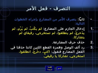 ‫التصرف - فعل المر‬

                              ‫َ‬
  ‫ثانيا: يتصرف ا لمر من المضارع بإجراء الخطوات‬         ‫•‬
                                      ‫التالية:‬
‫إديخال الجاز(م على المضارع: لم ي كت ب، لم ي ر(م، لم‬
      ‫َ ْ‬     ‫ْ ْ‬                                  ‫ِ‬   ‫.1‬
     ‫ي درحر ج، لم ينطلقوا، لم تستخرجي، رفيقاي لم‬
                                             ‫ْ‬   ‫َ‬
                                          ‫يتشاركا.‬
                               ‫رحذف رحرف المضارعة.‬     ‫.2‬
‫رد ألف الوصل وهمزة القطع اللتين كانتا رحذفتا في‬        ‫.3‬
     ‫الفعل المضارع فنقول: اكت ب، د رحر ج، انطلقوا،‬
                ‫ْ ْ‬     ‫ْ‬
                        ‫استخرجي، تشاركا يا رفيق ي.‬
                          ‫َّ‬


                         ‫القائمة‬
                                   ‫السابق‬
                         ‫الرئيسة‬
 