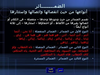 ‫الضمـــــــائر‬
  ‫أنواعها من حيث انفصالها واتصالها واستتارها‬
‫تقسم الضمائر من حيث وجودها وحدها – منفصلة – في الكلم أو‬                  ‫•‬
  ‫اتصالها بغيرها من اللفاظ ، أو اختفاؤها - استتارها – إلى يثليثة‬
                                                    ‫أنواع أيضا :‬
    ‫النوع الول من الضمائر : الضمائر المنفصلة : أنا نحن ، أنتما‬           ‫•‬
    ‫أنتم ، أن ت أنتما ، أنتن ، هو هما هم ، هي هما هن .  إياي ,‬
                                                          ‫ ِ‬
      ‫إيانا , إياك , إياكما , إياكم , إيا ك , إياكما , إياكن , إياها ,‬
                                 ‫ ِ‬
                                          ‫إياهما , إياهم , إياهن  .‬
   ‫الضمائر المتصلة : تاء الخطاب، واو‬        ‫النوع الثاني من الضمائر :‬    ‫•‬
                           ‫َ‬
   ‫المخاطبة، ألف التثنية، ياء المتكلم،‬      ‫الجماعة، نون النسوة، ياء‬
                          ‫نا المتكلمين‬      ‫كاف الخطاب، هاء الغيبة،‬
                     ‫الضمائر المستترة‬       ‫النوع الثالث من الضمائر :‬    ‫•‬


                                  ‫القائمة‬
                                             ‫السابق‬
                                  ‫الرئيسة‬
 