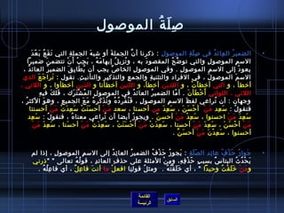 ‫ص ل ة الموصول‬
                                                                          ‫ ِ َ  ُ‬
           ‫َ َ  ُ َ  ّ َ‬
            ‫الضمي ر ال عائ د في ص ل ة الموصو ل : ذكرنا أ ن الجمل ة أو اشب ه الجمل ة التي ت ق ع ب ع د‬
                                             ‫ ِ‬                 ‫َ‬            ‫َ‬                   ‫نَّ‬                        ‫ ِ‬                                ‫ ِ َ  ِ‬              ‫ ِ  ُ‬     ‫ ُ‬             ‫•‬
      ‫الس م الموصو ل والتي تو اض ح المقصو د به ، و تزي ل إبها م ه ، ي ج ب أَ ن تتضم ن اضميرا‬
                         ‫َ‬                 ‫َ  ُ َ  ِ  ُ ْ‬                          ‫ ُ‬      ‫ ُ‬                    ‫َ‬                      ‫مِّ  ُ‬                               ‫ ِ‬                      ‫ ِ‬
  ‫يعو د إلى الس م الموصو ل . وفي الموصو ل الخا ص يجب أن ي طا ب ق الضمي ر العائ د ،‬
       ‫ ُ‬                  ‫ ُ‬               ‫ ُ َ  ِ َ‬                          ‫مِّ‬                         ‫ ِ‬                                         ‫ ِ‬                        ‫ ِ‬                      ‫ْ‬
  ‫الس م الموصو ل ، في الف راد والتثني ة والجم ع والتذك ير والتأني ث. نقول : ترا ج ع الذي‬
                 ‫َ َ‬               ‫َ‬                    ‫ ِ‬                ‫ ِ‬                  ‫ ِ‬                   ‫ ِ‬                          ‫ ِ‬                          ‫َ‬                       ‫َ‬
‫أخطأ ، و التي أخط أ ت ، و اللذين أخطأ، و اللتين أخطأنا و الذين أخطأوا ، و اللتي ،‬                                                                                ‫َ ْ‬
                  ‫ ِ‬ ‫اللئي ، اللواتي أ َ خ طأ ن . أ ما الضمي ر العائ د في الموصو ل ال م ش ت رك ، فل ك في ه‬
                                  ‫َ َ‬              ‫ ُ ْ َ َ‬       ‫ ِ‬                                    ‫ ُ‬            ‫ ُ‬                   ‫ ّ‬                ‫ْ َ َ‬
 ‫وجهان : أن تراعي لف ظ الس م الموصو ل ، ف ت ف ر د ه و ت ذ كر ه م عَ الجمي ع ، وه و الكث ر ،‬
   ‫ ُ‬                  ‫َ‬              ‫ ِ‬                      ‫َ  ُ ْ  ِ  ُ  ُ  ُ َ َ  ُ َ‬                     ‫ ِ‬                   ‫ ِ‬                      ‫َ‬                         ‫ ُ‬
          ‫فتقو ل : س عد م ن   أ ح س ن ، س ع د من أحسنا ، سعد م ن أح س ن ت س ع د ت م ن أحسنتا‬
                                 ‫َ َ ْ َ  ِ َ ْ َ ْ‬                   ‫َ ْ‬                                                      ‫َ  ِ َ‬                    ‫ْ َ َ‬           ‫َ  ِ َ ْ‬               ‫ ُ‬
      ‫س ع د م ن احسنوا ، س ع د م ن أحس ن . ويجو مز أيضا أن تراعي معنا ه ، فنقو ل : س عد‬
            ‫َ  ِ‬              ‫ ُ‬                ‫ ُ‬                     ‫ ُ‬                            ‫ ُ‬                  ‫ ّ‬                   ‫َ  ِ ْ َ ْ‬                                   ‫َ  ِ َ َ ْ‬
              ‫َ  ِ َ َ ْ‬
               ‫م ن أ ح س ن ، س ع د م ن أحسنا ، س ع د ت م ن أ ح س ن ت ، س ع ِ د ت م ن أح سنا ، س ع د م ن‬
                                         ‫َ‬                 ‫َ َ ْ َ ْ‬                  ‫َ  ِ َ ْ َ ْ ْ َ َ ْ‬                                                        ‫َ  ِ َ َ ْ‬             ‫َ ْ  ّ َ َ‬
                                                                                                                                      ‫أحسنوا ، س ع د ن م ن أح س ن .  ‬
                                                                                                                                                  ‫َ نَّ‬               ‫َ  ِ ْ َ َ ْ‬


         ‫جوا مز ح ذ ف عا ئد ال ص ل ة : يجو مز ح ذ ف الضمي ر العا ئ د إلى الس م الموصو ل ، إذا لم‬
                      ‫ ِ‬           ‫ ِ‬        ‫ ِ  ُ‬    ‫ ُ‬    ‫ ُ َ ْ  ُ‬           ‫ ّ َ  ِ َ‬   ‫ ِ‬    ‫َ  ُ َ ْ  ُ‬                                                                                               ‫•‬
         ‫ي ح د ث البتا س بسب ب ِ ح ذ ف ه، و م ن المثلة على حذ ف العائ د ، قو ل ه تعالى   ذرني‬
                             ‫ ُ  ُ‬      ‫ ِ‬     ‫ ِ‬                 ‫ ِ ْ‬           ‫ ّ ْ  ِ  ِ‬    ‫ٌ‬           ‫َ ْ  ُ  ُ‬
           ‫و م ن خ ل ق ت وحيدا  ، أي خ ل ق ت ه .  ومث ل قول نا افع ل ما أن ت فا ع ل ، أي فا ع ل ه .‬
             ‫ ِ  ُ  ُ‬      ‫ ِ ٌ‬      ‫َ‬    ‫ْ‬       ‫ ِ‬    ‫ ُ‬         ‫َ َ ْ  ُ  ُ‬                     ‫َ ْ َ َ ْ  ُ‬



                                                                                                     ‫القائمة‬
                                                                                                                               ‫السابق‬
                                                                                                     ‫الرئيسة‬
 