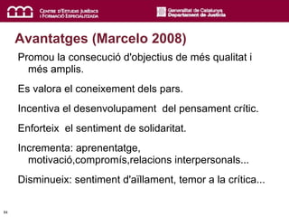 Avantatges (Marcelo 2008) <ul><li>Promou la consecució d'objectius de més qualitat i més amplis. </li></ul><ul><li>Es valo...