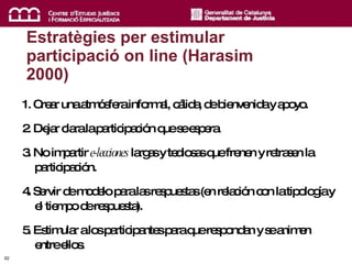 Estratègies per estimular participació on line (Harasim 2000)  <ul><li>1. Crear una atmósfera informal, cálida, de bienven...