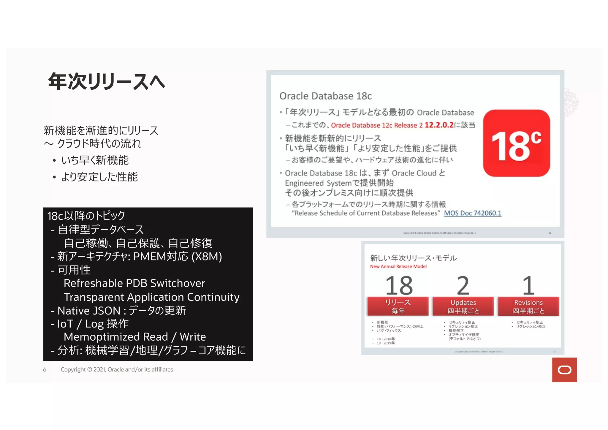 新機能を漸進的にリリース
〜 クラウド時代の流れ
• いち早く新機能
• より安定した性能
年次リリースへ
18c以降のトピック
- ⾃律型データベース
⾃⼰稼働、⾃⼰保護、⾃⼰修復
- 新アーキテクチャ: PMEM対応 (X8M)
- 可⽤性
Refreshable PDB Switchover
Transparent Application Continuity
- Native JSON : データの更新
- IoT / Log 操作
Memoptimized Read / Write
- 分析: 機械学習/地理/グラフ – コア機能に
6 Copyright © 2021, Oracle and/or its affiliates
 