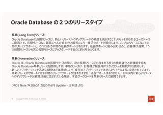 ⻑期(Long Term)リリース:
Oracle Databaseの⻑期リリースは、新しいリリースへのアップグレードの頻度を減らすことでメリットを得られるユースケース
に最適です。⻑期リリースは、最⾼レベルの安定性と最⻑のエラー修正サポートを提供します。これらのリリースには、5年
間のプレミアサポートと、それに続く3年間の延⻑サポートがあります。延⻑サポートと組み合わせると、お客様は通常、1つ
の⻑期リリースから次の⻑期リリースにアップグレードするのに約4年かかります。
⾰新(Innovation)リリース:
Oracle は、Oracle Databaseの⻑期リリースの間に、次の⻑期リリースにも含まれる多くの機能強化と新機能を含む
Oracle Database⾰新リリースを提供します。⾰新リリースは、お客様が最先端のテクノロジーを継続的に使⽤して、
新しいアプリケーションを迅速に開発または展開したり、既存のアプリケーションを強化したりできるように設計されています。
⾰新リリースのサポートには2年間のプレミアサポートが含まれますが、延⻑サポートはありません。 2年以内に新しいリリース
へのアップグレードが展開計画に含まれている場合、本番ワークロードを⾰新リリースに展開できます。
(MOS Note 742060.1 2020年6⽉ Update - ⽇本語 より)
Oracle Database の２つのリリースタイプ
10 Copyright © 2021, Oracle and/or its affiliates
 