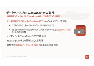 多⾔語エンジン（MLE）がJavaScriptのデータ処理ロジックを実⾏
データが存在するOracle Database内でJavaScriptのコードを実⾏
• コストのかかる、ネットワークのラウンド・トリップをなくす
• JavaScriptのデータ型はOracle Databaseのデータ型に⾃動的にマッピン
グ。その逆も同様
オープンソースのJavaScriptライブラリを活⽤
JavaScriptコードから簡単にSQLを実⾏
開発者が最新のプログラミング⾔語で効率的に作業可能
データベース内でのJavaScriptの実⾏
25 Copyright © 2021, Oracle and/or its affiliates
 