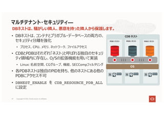 DBネストは、騒がしい隣⼈、悪意を持った隣⼈から保護します。
• DBネストは、コンテナとプラガブル・データベースの両⽅の、
セキュリティ分離を強化
• プロセス、CPU、メモリ、ネットワーク、ファイルアクセス
• CDBとPDBはそれぞれ「ネスト」と呼ばれる独⾃のセキュリ
ティ領域内に存在し、O/Sの拡張機能を⽤いて実装
• Linux: 名前空間、CGグループ、機能、SECCompフィルタリング
• 各PDBネストは独⾃のPIDを持ち、他のネストにある他の
PDBにアクセス不可
• DBNEST_ENABLE を CDB_RESOURCE_PDB_ALL
に設定
マルチテナント・セキュリティ―
OS
PDB 1 ネスト PDB 2 ネスト PDB 3 ネスト
CDB ネスト
47 Copyright © 2021, Oracle and/or its affiliates
 