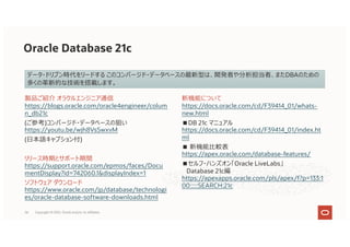 Oracle Database 21c
データ・ドリブン時代をリードする このコンバージド・データベースの最新型は、開発者や分析担当者、またDBAのための
多くの⾰新的な技術を搭載します。
新機能について
https://docs.oracle.com/cd/F39414_01/whats-
new.html
■DB 21c マニュアル
https://docs.oracle.com/cd/F39414_01/index.ht
ml
■ 新機能⽐較表
https://apex.oracle.com/database-features/
■セルフ・ハンズオン「Oracle LiveLabs」
Database 21c編
https://apexapps.oracle.com/pls/apex/f?p=133:1
00:::::SEARCH:21c
製品ご紹介 オラクルエンジニア通信
https://blogs.oracle.com/oracle4engineer/colum
n_db21c
(ご参考)コンバージド・データベースの狙い
https://youtu.be/wjh8VsSwxvM
(⽇本語キャプション付)
リリース時期とサポート期間
https://support.oracle.com/epmos/faces/Docu
mentDisplay?id=742060.1&displayIndex=1
ソフトウェア ダウンロード
https://www.oracle.com/jp/database/technologi
es/oracle-database-software-downloads.html
56 Copyright © 2021, Oracle and/or its affiliates
 
