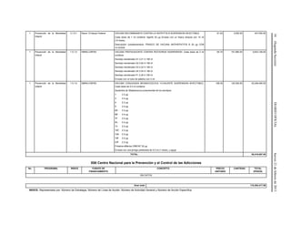 34(SegundaSección)DIARIOOFICIALJueves21defebrerode2013
1 Prevención de la Mortalidad
Infantil
3.1.9.1 Ramo 12-Apoyo Federal VACUNA RECOMBINANTE CONTRA LA HEPATITIS B SUSPENSION INYECTABLE
Cada dosis de 1 ml contiene: AgsHb 20 μg Envase con un frasco ámpula con 10 ml
(10 dosis).
Descripción complementaria: FRASCO DE VACUNA ANTIHEPATITIS B 20 µg CON
10 DOSIS
81.00 3,050.00 247,050.00
1 Prevención de la Mortalidad
Infantil
1.5.1.5 SMNG-CNPSS VACUNA PENTAVALENTE CONTRA ROTAVIRUS SUSPENSION. Cada dosis de 2 ml
contiene:
Serotipo reordenado G1 2.21 X 106 UI
Serotipo reordenado G2 2.84 X 106 UI
Serotipo reordenado G3 2.22 X 106 UI
Serotipo reordenado G4 2.04 X 106 UI
Serotipo reordenado P1 2.29 X 106 UI
Envase con un tubo de plástico con 2 ml.
64.70 151,980.00 9,833,106.00
1 Prevención de la Mortalidad
Infantil
1.5.1.6 SMNG-CNPSS VACUNA CONJUGADA NEUMOCOCCICA 13-VALENTE SUSPENSION INYECTABLE.
Cada dosis de 0.5 ml contiene:
Sacáridos de Streptococcus pneumoniae de los serotipos
1 2.2 µg
3 2.2 µg
4 2.2 µg
5 2.2 µg
6A 2.2 µg
6B 4.4 µg
7F 2.2 µg
9V 2.2 µg
14 2.2 µg
18C 2.2 µg
19A 2.2 µg
19F 2.2 µg
23F 2.2 µg
Proteína diftérica CRM197 32 µg
Envase con una jeringa prellenada de 0.5 ml (1 dosis), y aguja.
168.30 120,300.00 20,246,490.00
TOTAL: 55,419,097.00
X00 Centro Nacional para la Prevención y el Control de las Adicciones
No. PROGRAMA INDICE FUENTE DE
FINANCIAMIENTO
CONCEPTO PRECIO
UNITARIO
CANTIDAD TOTAL
(PESOS)
SIN DATOS
Gran total: 118,304,417.58
INDICE: Representado por: Número de Estrategia, Número de Línea de Acción, Número de Actividad General y Número de Acción Específica.
 