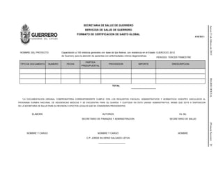 Jueves21defebrerode2013DIARIOOFICIAL(PrimeraSección)25
SECRETARIA DE SALUD DE GUERRERO
SERVICIOS DE SALUD DE GUERRERO
FORMATO DE CERTIFICACION DE GASTO GLOBAL
ANEXO 1
NOMBRE DEL PROYECTO: Capacitación a 150 médicos generales con base de tipo federal, con residencia en el Estado
de Guerrero, para la atención de pacientes con enfermedades crónico degenerativas.
EJERCICIO: 2012
PERIODO: TERCER TRIMESTRE
TIPO DE DOCUMENTO NUMERO FECHA
PARTIDA
PRESUPUESTAL
PROVEEDOR IMPORTE DRESCRIPCION
TOTAL
*LA DOCUMENTACION ORIGINAL COMPROBATORIA CORRESPONDIENTE CUMPLE CON LOS REQUISITOS FISCALES, ADMINISTRATIVOS Y NORMATIVOS VIGENTES VINCULADOS AL
PROGRAMA EXAMEN NACIONAL DE RESIDENCIAS MEDICAS Y SE ENCUENTRA PARA SU GUARDA Y CUSTODIA EN ESTA UNIDAD ADMINISTRATIVA, MISMA QUE ESTA A DISPOSICION
DE LA SECRETARIA DE SALUD PARA SU REVISION O EFECTOS LEGALES QUE SE CONSIDEREN PROCEDENTES
ELABORA AUTORIZA
SECRETARIO DE FINANZAS Y ADMINISTRACION
Vo. Bo.
SECRETARIO DE SALUD
NOMBRE Y CARGO NOMBRE Y CARGO
C.P. JORGE SILVERIO SALGADO LEYVA
NOMBRE
___________________
 