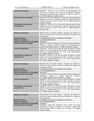 40 (Tercera Sección) DIARIO OFICIAL Jueves 21 de febrero de 2013
Junta de aclaraciones 4/03/2013, 13:00 Hrs. En la oficina del Departamento de
Concursos y Contratos de la Zona de Distribución Huatulco,
ubicada en Boulevard Chahue, Manzana 5, Lote 51, Sector “R”,
C.P. 70989, Bahías de Huatulco, Oax.
Visita al sitio de los trabajos 4/03/2013, 8:00 Hrs. Partiendo de la oficina del Departamento de
Distribución de la Zona Huatulco, ubicada en calle en Boulevard
Chahue, Manzana 5, Lote 51, Sector “R”, C.P. 70989, Bahías de
Huatulco, Oaxaca.
Presentación y apertura de
proposiciones
13/03/2013, 9:00 Hrs. En la oficina del Departamento de Obra
Pública de la Zona de Distribución Huatulco, ubicada Boulevard
Chahue, Manzana 5, Lote 51, Sector “R”, C.P. 70989, Bahías de
Huatulco, Oax.
Objeto de la licitación Mantenimiento de brecha forestal y desrrame de árboles en
líneas de media tensión del Area de Distribución Palenque de la
Zona los Ríos.
Volumen de obra Los detalles se indican en el catálogo de conceptos.
Número de licitación LO-018TOQ088-N4-2013.
Fecha de publicación en CompraNet 19/02/2013.
Visita al sitio de los trabajos 26/02/2013, 8:00 Hrs. Partiendo de la oficina del Area Distribución
Palenque, ubicada en carretera Playas de Catazajá-Palenque
km 26.5, Zona Norte-Oriente, C.P. 29960, Palenque, Chiapas.
Junta de aclaraciones 27/02/2013, 14:00 Hrs. En la sala de juntas del Depto. de Obra
Pública de la Zona de Distribución los Ríos, ubicada en carretera
Playas de Catazajá-Palenque km 27.5, Zona Norte-Oriente,
C.P. 29960, Palenque, Chiapas.
Presentación y apertura de
proposiciones
6/03/2013, 9:00 Hrs. En la sala de juntas del Depto. de Obra
Pública de la Zona de Distribución los Ríos, ubicada en carretera
Playas de Catazajá-Palenque km 27.5, Zona Norte-Oriente,
C.P. 29960, Palenque, Chiapas.
Objeto de la licitación Mantenimiento de brecha forestal y desrrame de árboles en
circuitos de media tensión del Area de Distribución Benemérito
de la Zona los Ríos.
Volumen de obra Los detalles se indican en el catálogo de conceptos.
Número de licitación LO-018TOQ088-N5-2013.
Fecha de publicación en CompraNet 19/02/2013.
Visita al sitio de los trabajos 27/02/2013, 8:00 Hrs. Partiendo de la oficina del Area Distribución
Benemérito, ubicada en carretera Boulevard Fronteriza,
C.P. 29955, Benemérito de las Américas, Chiapas.
Junta de aclaraciones 28/02/2013, 9:00 Hrs. En la sala de juntas del Depto. de Obra
Pública de la Zona de Distribución los Ríos, ubicada en carretera
Playas de Catazajá-Palenque km 27.5, Zona Norte-Oriente,
C.P. 29960, Palenque, Chiapas.
Presentación y apertura de
proposiciones
7/03/2013, 9:00 Hrs. En la sala de juntas del Depto. de Obra
Pública de la Zona de Distribución los Ríos, ubicada en carretera
Playas de Catazajá-Palenque km 27.5, Zona Norte-Oriente,
C.P. 29960, Palenque, Chiapas.
Objeto de la licitación Mantenimiento de brecha forestal y desrrame de árboles en
circuitos de media tensión del Area de Distribución E. Zapata de
la Zona los Ríos.
Volumen de obra Los detalles se indican en el catálogo de conceptos.
Número de licitación LO-018TOQ088-N9-2013.
Fecha de publicación en CompraNet 19/02/2013.
Visita al sitio de los trabajos 27/02/2013, 8:00 Hrs. Partiendo de la oficina del Area
Distribución E. Zapata, ubicada en Av. Francisco J. Mujica S/N,
Fraccionamiento Tierra y Libertad, Col. El Otoño, C.P. 89960,
Emiliano Zapata.
 