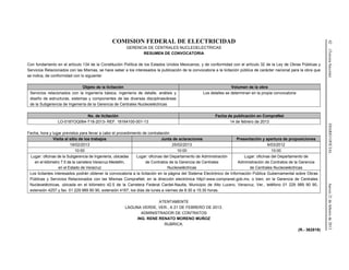 42(TerceraSección)DIARIOOFICIALJueves21defebrerode2013
COMISION FEDERAL DE ELECTRICIDAD
GERENCIA DE CENTRALES NUCLEOELECTRICAS
RESUMEN DE CONVOCATORIA
Con fundamento en el artículo 134 de la Constitución Política de los Estados Unidos Mexicanos, y de conformidad con el artículo 32 de la Ley de Obras Públicas y
Servicios Relacionados con las Mismas, se hace saber a los interesados la publicación de la convocatoria a la licitación pública de carácter nacional para la obra que
se indica, de conformidad con lo siguiente:
Objeto de la licitación Volumen de la obra
Servicios relacionados con la ingeniería básica, ingeniería de detalle, análisis y
diseño de estructuras, sistemas y componentes de las diversas disciplinas/áreas
de la Subgerencia de Ingeniería de la Gerencia de Centrales Nucleoeléctricas
Los detalles se determinan en la propia convocatoria
No. de licitación Fecha de publicación en CompraNet
LO-018TOQ064-T18-2013- REF. 18164100-001-13 14 de febrero de 2013
Fecha, hora y lugar previstos para llevar a cabo el procedimiento de contratación
Visita al sitio de los trabajos Junta de aclaraciones Presentación y apertura de proposiciones
19/02/2013 25/02/2013 6/03/2012
10:00 10:00 10:00
Lugar: oficinas de la Subgerencia de Ingeniería, ubicadas
en el kilómetro 7.5 de la carretera Veracruz-Medellín,
en el Estado de Veracruz
Lugar: oficinas del Departamento de Administración
de Contratos de la Gerencia de Centrales
Nucleoeléctricas
Lugar: oficinas del Departamento de
Administración de Contratos de la Gerencia
de Centrales Nucleoeléctricas
Los licitantes interesados podrán obtener la convocatoria a la licitación en la página del Sistema Electrónico de Información Pública Gubernamental sobre Obras
Públicas y Servicios Relacionados con las Mismas CompraNet, en la dirección electrónica http//:www.compranet.gob.mx, o bien, en la Gerencia de Centrales
Nucleoeléctricas, ubicada en el kilómetro 42.5 de la Carretera Federal Cardel-Nautla, Municipio de Alto Lucero, Veracruz, Ver., teléfono 01 229 989 90 90,
extensión 4257 y fax: 01 229 989 90 90, extensión 4167, los días de lunes a viernes de 8:30 a 15:30 horas.
ATENTAMENTE
LAGUNA VERDE, VER., A 21 DE FEBRERO DE 2013.
ADMINISTRADOR DE CONTRATOS
ING. RENE RENATO MORENO MUÑOZ
RUBRICA.
(R.- 362819)
 