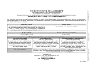 46(TerceraSección)DIARIOOFICIALJueves21defebrerode2013
COMISION FEDERAL DE ELECTRICIDAD
DIRECCION DE PROYECTOS DE INVERSION FINANCIADA
SUBDIRECCION DE PROYECTOS Y CONSTRUCCION
RESIDENCIA REGIONAL DE CONSTRUCCION DE PROYECTOS DE TRANSMISION Y TRANSFORMACION NOROESTE
RESUMEN DE LA CONVOCATORIA A LA LICITACION PUBLICA NACIONAL
Con fundamento en el artículo 134 de la Constitución Política de los Estados Unidos Mexicanos, y de conformidad con el artículo 32 de la Ley de Obras Públicas y
Servicios Relacionados con las Mismas, se hace saber a los interesados la publicación de la convocatoria a la licitación pública de carácter nacional para la obra que
se indica, de conformidad con lo siguiente:
Objeto de la licitación Volumen de obra
Construcción de las obras civil y electromecánica de la línea de transmisión
San Luis Rey entronque Cerro Prieto II-Parque Industrial San Luis de 230 kv-
2.25 km-2 c-1 c/f-cable conductor 1113 acsr/as-1 cable de guarda 7#8 aas-1
cable de guarda con 36 fibras ópticas-pa/ta, localizada en Sonora
Suministro, obra civil y obra electromecánica
No. de la licitación Fecha de publicación en CompraNet
LO-018TOQ083-N1-2013 21/febrero/2013
Fechas previstas para llevar a cabo el procedimiento de contratación
Visita al sitio de los trabajos Junta de aclaraciones Presentación y apertura de proposiciones
10:00 horas del 4/marzo/2013
En las oficinas de C.F.E. Zona de Distribución San
Luis de la División de Distribución Baja California,
ubicada en avenida Félix Contreras sin número,
entre calles 8 y 9, colonia Comercial, C.P. 83449,
San Luis Río Colorado, Sonora
10:00 horas del 5/marzo/2013
En la sala de juntas de la Residencia de Obra de Zona
Baja California, ubicada en la subestación eléctrica
Tecnológico, en bulevar Lázaro Cárdenas número 3999
frente a Villa Florida, C.P. 21395, Mexicali, Baja
California, Tels. (686) 561 4018 y 561 8403
9:00 horas del 11/marzo/2013
En la sala de juntas de la Residencia Regional de
Construcción de Proyectos de Transmisión y
Transformación Noroeste, ubicada en calle Quinta
Mayor y calle B, sin número, colonia Las Quintas,
C.P. 83240, Hermosillo, Sonora, Tels. y fax (662) 260
5446 al 48, extensiones 118 y 149
Texto de la convocatoria Los licitantes interesados podrán obtener la convocatoria a la licitación en la página del Sistema Electrónico de
Información Pública Gubernamental sobre obras públicas y servicios relacionados con las mismas CompraNet,
en la dirección electrónica http://www.compranet.gob.mx
ATENTAMENTE
HERMOSILLO, SON., A 21 DE FEBRERO DE 2013.
RESIDENTE REGIONAL
ING. FERNANDO GUZMAN ELIAS
RUBRICA.
(R.- 362895)
 