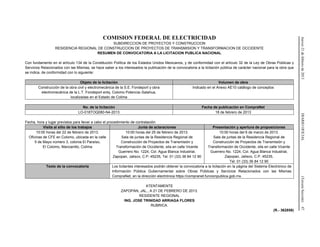 Jueves21defebrerode2013DIARIOOFICIAL(TerceraSección)47
COMISION FEDERAL DE ELECTRICIDAD
SUBDIRECCION DE PROYECTOS Y CONSTRUCCION
RESIDENCIA REGIONAL DE CONSTRUCCION DE PROYECTOS DE TRANSMISION Y TRANSFORMACION DE OCCIDENTE
RESUMEN DE CONVOCATORIA A LA LICITACION PUBLICA NACIONAL
Con fundamento en el artículo 134 de la Constitución Política de los Estados Unidos Mexicanos, y de conformidad con el artículo 32 de la Ley de Obras Públicas y
Servicios Relacionados con las Mismas, se hace saber a los interesados la publicación de la convocatoria a la licitación pública de carácter nacional para la obra que
se indica, de conformidad con lo siguiente:
Objeto de la licitación Volumen de obra
Construcción de la obra civil y electromecánica de la S.E. Fondeport y obra
electromecánica de la L.T. Fondeport entq. Colomo Potencia–Salahua,
localizadas en el Estado de Colima
Indicado en el Anexo AE10 catálogo de conceptos
No. de la licitación Fecha de publicación en CompraNet
LO-018TOQ080-N4-2013 18 de febrero de 2013
Fecha, hora y lugar previstos para llevar a cabo el procedimiento de contratación
Visita al sitio de los trabajos Junta de aclaraciones Presentación y apertura de proposiciones
10:00 horas del 22 de febrero de 2013.
Oficinas de CFE en Colomo, ubicada en la calle
5 de Mayo número 3, colonia El Paraíso,
El Colomo, Manzanillo, Colima
10:00 horas del 25 de febrero de 2013.
Sala de juntas de la Residencia Regional de
Construcción de Proyectos de Transmisión y
Transformación de Occidente, sita en calle Vicente
Guerrero No. 1224, Col. Agua Blanca Industrial,
Zapopan, Jalisco, C.P. 45235, Tel. 01 (33) 36 84 12 90
10:00 horas del 6 de marzo de 2013.
Sala de juntas de la Residencia Regional de
Construcción de Proyectos de Transmisión y
Transformación de Occidente, sita en calle Vicente
Guerrero No. 1224, Col. Agua Blanca Industrial,
Zapopan, Jalisco, C.P. 45235,
Tel. 01 (33) 36 84 12 90
Texto de la convocatoria Los licitantes interesados podrán obtener la convocatoria a la licitación en la página del Sistema Electrónico de
Información Pública Gubernamental sobre Obras Públicas y Servicios Relacionados con las Mismas
CompraNet, en la dirección electrónica https://compranet.funcionpublica.gob.mx.
ATENTAMENTE
ZAPOPAN, JAL., A 21 DE FEBRERO DE 2013.
RESIDENTE REGIONAL
ING. JOSE TRINIDAD ARRIAGA FLORES
RUBRICA.
(R.- 362859)
 