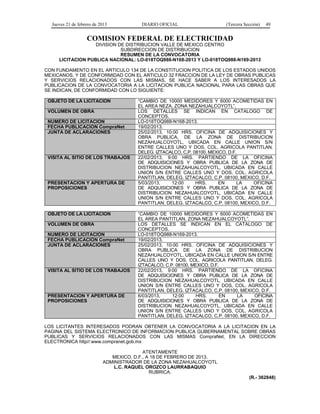 Jueves 21 de febrero de 2013 DIARIO OFICIAL (Tercera Sección) 49
COMISION FEDERAL DE ELECTRICIDAD
DIVISION DE DISTRIBUCION VALLE DE MEXICO CENTRO
SUBDIRECCION DE DISTRIBUCION
RESUMEN DE LA CONVOCATORIA
LICITACION PUBLICA NACIONAL: LO-018TOQ988-N168-2013 Y LO-018TOQ988-N169-2013
CON FUNDAMENTO EN EL ARTICULO 134 DE LA CONSTITUCION POLITICA DE LOS ESTADOS UNIDOS
MEXICANOS, Y DE CONFORMIDAD CON EL ARTICULO 32 FRACCION DE LA LEY DE OBRAS PUBLICAS
Y SERVICIOS RELACIONADOS CON LAS MISMAS, SE HACE SABER A LOS INTERESADOS LA
PUBLICACION DE LA CONVOCATORIA A LA LICITACION PUBLICA NACIONAL PARA LAS OBRAS QUE
SE INDICAN, DE CONFORMIDAD CON LO SIGUIENTE:
OBJETO DE LA LICITACION “CAMBIO DE 10000 MEDIDORES Y 6000 ACOMETIDAS EN
EL AREA NEZA, ZONA NEZAHUALCOYOTL”.
VOLUMEN DE OBRA LOS DETALLES SE INDICAN EN CATALOGO DE
CONCEPTOS.
NUMERO DE LICITACION LO-018TOQ988-N168-2013.
FECHA PUBLICACION CompraNet 19/02/2013.
JUNTA DE ACLARACIONES 25/02/2013, 10:00 HRS. OFICINA DE ADQUISICIONES Y
OBRA PUBLICA, DE LA ZONA DE DISTRIBUCION
NEZAHUALCOYOTL, UBICADA EN CALLE UNION S/N
ENTRE CALLES UNO Y DOS, COL. AGRICOLA PANTITLAN,
DELEG. IZTACALCO, C.P. 08100, MEXICO, D.F.
VISITA AL SITIO DE LOS TRABAJOS 22/02/2013, 9:00 HRS. PARTIENDO DE LA OFICINA
DE ADQUISICIONES Y OBRA PUBLICA DE LA ZONA DE
DISTRIBUCION NEZAHUALCOYOTL, UBICADA EN CALLE
UNION S/N ENTRE CALLES UNO Y DOS, COL. AGRICOLA
PANTITLAN, DELEG. IZTACALCO, C.P. 08100, MEXICO, D.F.
PRESENTACION Y APERTURA DE
PROPOSICIONES
5/03/2013, 12:00 HRS. EN LA OFICINA
DE ADQUISICIONES Y OBRA PUBLICA DE LA ZONA DE
DISTRIBUCION NEZAHUALCOYOTL, UBICADA EN CALLE
UNION S/N ENTRE CALLES UNO Y DOS, COL. AGRICOLA
PANTITLAN, DELEG. IZTACALCO, C.P. 08100, MEXICO, D.F.
OBJETO DE LA LICITACION “CAMBIO DE 10000 MEDIDORES Y 6000 ACOMETIDAS EN
EL AREA PANTITLAN, ZONA NEZAHUALCOYOTL”.
VOLUMEN DE OBRA LOS DETALLES SE INDICAN EN EL CATALOGO DE
CONCEPTOS.
NUMERO DE LICITACION LO-018TOQ988-N169-2013.
FECHA PUBLICACION CompraNet 19/02/2013.
JUNTA DE ACLARACIONES 25/02/2013, 10:00 HRS. OFICINA DE ADQUISICIONES Y
OBRA PUBLICA DE LA ZONA DE DISTRIBUCION
NEZAHUALCOYOTL, UBICADA EN CALLE UNION S/N ENTRE
CALLES UNO Y DOS, COL. AGRICOLA PANTITLAN, DELEG.
IZTACALCO, C.P. 08100, MEXICO, D.F.
VISITA AL SITIO DE LOS TRABAJOS 22/02/2013, 9:00 HRS. PARTIENDO DE LA OFICINA
DE ADQUISICIONES Y OBRA PUBLICA DE LA ZONA DE
DISTRIBUCION NEZAHUALCOYOTL, UBICADA EN CALLE
UNION S/N ENTRE CALLES UNO Y DOS, COL. AGRICOLA
PANTITLAN, DELEG. IZTACALCO, C.P. 08100, MEXICO, D.F.
PRESENTACION Y APERTURA DE
PROPOSICIONES
6/03/2013, 12:00 HRS. EN LA OFICINA
DE ADQUISICIONES Y OBRA PUBLICA DE LA ZONA DE
DISTRIBUCION NEZAHUALCOYOTL, UBICADA EN CALLE
UNION S/N ENTRE CALLES UNO Y DOS, COL. AGRICOLA
PANTITLAN, DELEG. IZTACALCO, C.P. 08100, MEXICO, D.F.
LOS LICITANTES INTERESADOS PODRAN OBTENER LA CONVOCATORIA A LA LICITACION EN LA
PAGINA DEL SISTEMA ELECTRONICO DE INFORMACION PUBLICA GUBERNAMENTAL SOBRE OBRAS
PUBLICAS Y SERVICIOS RELACIONADOS CON LAS MISMAS CompraNet, EN LA DIRECCION
ELECTRONICA http//:www.compranet.gob.mx
ATENTAMENTE
MEXICO, D.F., A 18 DE FEBRERO DE 2013.
ADMINISTRADOR DE LA ZONA NEZAHUALCOYOTL
L.C. RAQUEL OROZCO LAURRABAQUIO
RUBRICA.
(R.- 362848)
 
