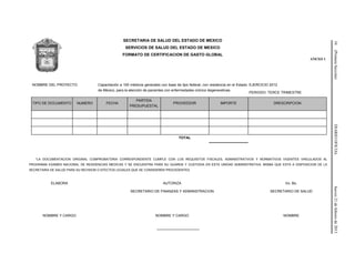 34(PrimeraSección)DIARIOOFICIALJueves21defebrerode2013
SECRETARIA DE SALUD DEL ESTADO DE MEXICO
SERVICIOS DE SALUD DEL ESTADO DE MEXICO
FORMATO DE CERTIFICACION DE GASTO GLOBAL
ANEXO 1
NOMBRE DEL PROYECTO: Capacitación a 150 médicos generales con base de tipo federal, con residencia en el Estado
de México, para la atención de pacientes con enfermedades crónico degenerativas.
EJERCICIO 2012
PERIODO: TERCE TRIMESTRE
TIPO DE DOCUMENTO NUMERO FECHA
PARTIDA
PRESUPUESTAL
PROVEEDOR IMPORTE DRESCRIPCION
TOTAL
*LA DOCUMENTACION ORIGINAL COMPROBATORIA CORRESPONDIENTE CUMPLE CON LOS REQUISITOS FISCALES, ADMINISTRATIVOS Y NORMATIVOS VIGENTES VINCULADOS AL
PROGRAMA EXAMEN NACIONAL DE RESIDENCIAS MEDICAS Y SE ENCUENTRA PARA SU GUARDA Y CUSTODIA EN ESTA UNIDAD ADMINISTRATIVA, MISMA QUE ESTA A DISPOSICION DE LA
SECRETARIA DE SALUD PARA SU REVISION O EFECTOS LEGALES QUE SE CONSIDEREN PROCEDENTES
ELABORA AUTORIZA
SECRETARIO DE FINANZAS Y ADMINISTRACION
Vo. Bo.
SECRETARIO DE SALUD
NOMBRE Y CARGO NOMBRE Y CARGO NOMBRE
___________________
 
