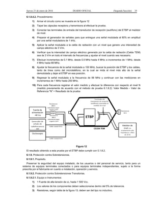 Jueves 21 de enero de 2016 DIARIO OFICIAL (Segunda Sección) 35
6.1.8.4.2. Procedimiento:
1) Armar el circuito como se muestra en la figura 12
2) Tapar las cápsulas receptora y transmisora al efectuar la prueba.
3) Conectar las terminales de entrada del transductor de recepción (audífono) del ETBP al medidor
de nivel.
4) Preparar el generador de señales para que entregue una señal modulada al 80% en amplitud
por una señal moduladora de 1 kHz.
5) Aplicar la señal modulada a la celda de radiación con un nivel que genere una intensidad de
campo eléctrico de 3 V/m.
6) Verificar que la intensidad de campo eléctrico generado por la celda de radiación (Celda TEM)
sea de 3 V/m en todo el intervalo de frecuencias y ajustar el nivel cuando sea necesario.
7) Efectuar incrementos de 0.1 MHz, desde 0.5 MHz hasta 4 MHz; e incrementos de 1 MHz, desde
4 MHz hasta 88 MHz.
8) Ajustar la frecuencia de la señal modulada a 100 MHz, buscar la posición del ETBP y los cables,
tanto de línea como del microteléfono, en la cual se mida el nivel más alto de la señal
demodulada y dejar el ETBP en esa posición.
9) Regresar la señal modulada a la frecuencia de 88 MHz y continuar con las mediciones en
incrementos de 1 MHz hasta 200 MHz.
10) Para cada frecuencia registrar el valor medido y efectuar la diferencia con respecto al nivel N
(medido previamente de acuerdo con el método de prueba 6.1.8.2): Valor Medido - Valor de
Referencia "N" = Resultado de la prueba
Figura 12
El resultado obtenido a esta prueba por el ETBP debe cumplir con 5.1.8.2.
6.1.9. Protección contra Sobretensiones.
6.1.9.1. Propósito.
Preservar la seguridad del equipo instalado, de los usuarios o del personal de servicio, tanto para un
sistema de equipos terminales conectados o para equipos terminales independientes, sujeto a la forma
prescrita por el fabricante en cuanto a instalación, operación y servicio.
6.1.9.2. Protección contra Sobretensiones Transitorias.
6.1.9.2.1. Equipo e Instrumentos:
1) 1 Fuente de alta tensión de cc, hasta 1 500 Vcc.
2) Los valores de los componentes deben seleccionarse dentro del 5% de tolerancia.
3) Resistores, según tabla de la figura 13, deben ser del tipo no inductivo.
 